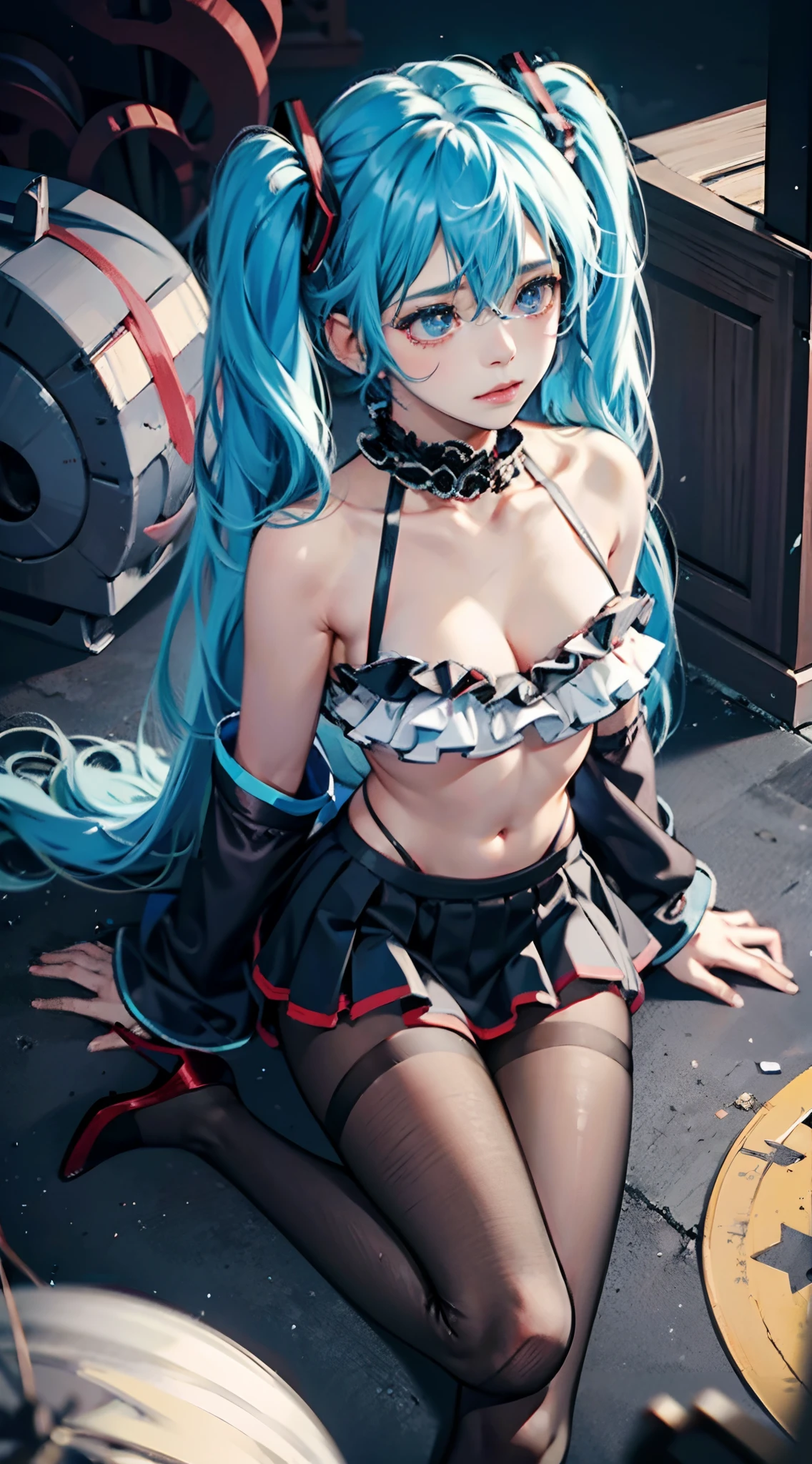 1Blittle girl,Anime character Hatsune Miku shiny pantyhose erotic swimsuit El Chavo, photography of,gentlesoftlighting, Soft details, octanerender, ArtStation Trends, hyper-high detail, Ultra photo realsisim, cinematic ligh,16k,Large bust,Garbage all over the ground,Dirty environment,big breasts exposed cleavage,stocklings,high-heels,weeping,Painful expressions,baggy clothes,pleatedskirt,Exposing the abdomen,Elaborate Eyes,largeeyes,Superbly detailed eyes,weeping,Painful expressions,Generous clothes