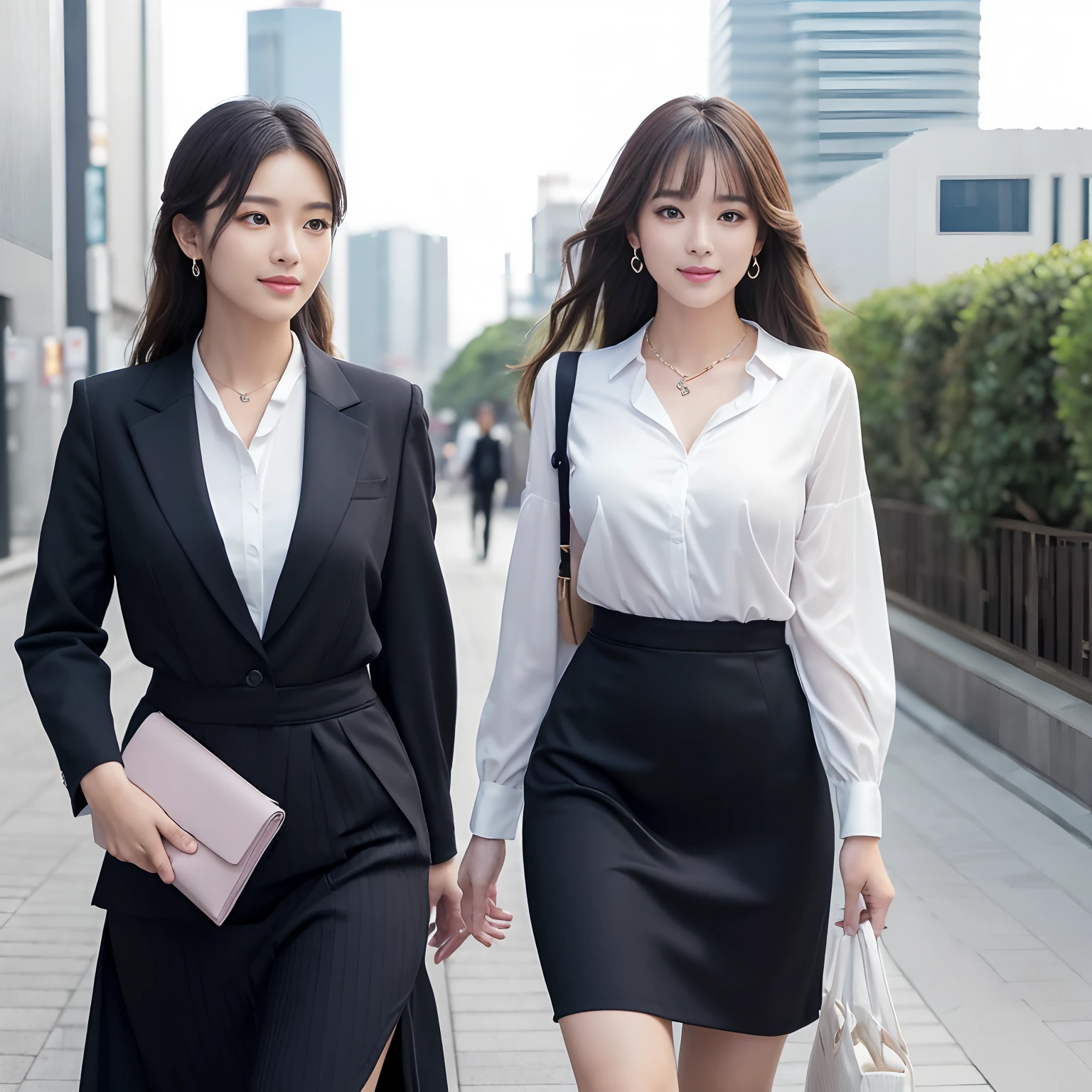 (((Best Quality, masutepiece, 超A high resolution、The most complex and detailed depictions)))、(1人の女性、Beauty Secretary、secretary's attire、Formal office style、White Formal Blouse、tight skirts、Skirt without folds、commute、Have a bag、Carry your office bag over your shoulder、Carrying an office bag over his shoulder、Perfect gas chamber、detailed beautiful faces)、((Walking in front of a station in Tokyo、Walk on the sidewalk in front of the station、Buildings of Tokyo in the background、Tokyo cityscape in the background、Lots of buildings in the background、morning、Morning commute、Shot from the waist up))、Emphasize body lines、[large full breasts]、Morning Lighting Sad Smile、Ephemeral smile、Perfect makeup、long、straight haired、a necklace