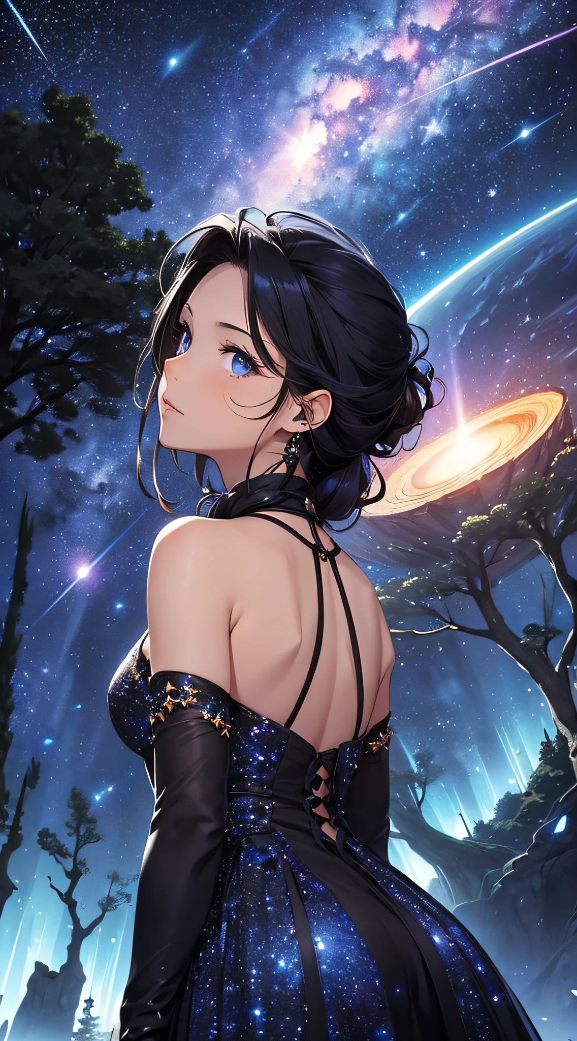 masterpiece、Background with((Fantastic starry sky、meteors、black hole))、Depth((Giant Tree、Fantastic、Luminescent))、a beauty girl、onepiece、Rear view、Looking up