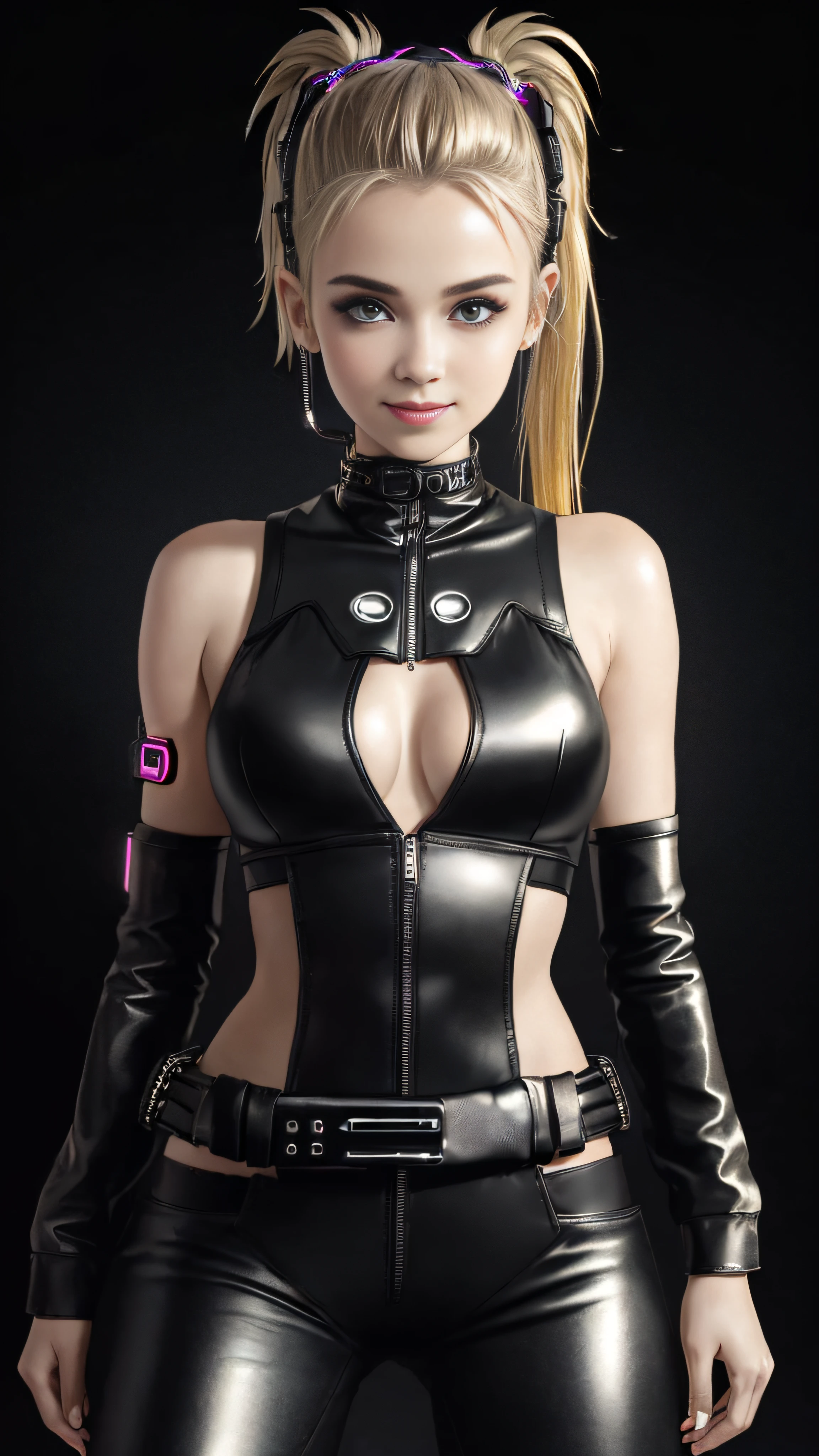 Lolita, smiling, 20 years old, ((best quality)), ((masterpiece)), (high definition:1.3), 3D, beautiful (cyberpunk:1.3), stylish woman looking at camera colourful leather outfit, sleeveless, stomach skin invisible, black leather pants, silver zipper, belt below the waist, super fine illustration, showing forehead, deep cleavage, leather black bodysuit, sleeveless blacks, shiny, blonde ponytail, ((dark plain black background:1.4))