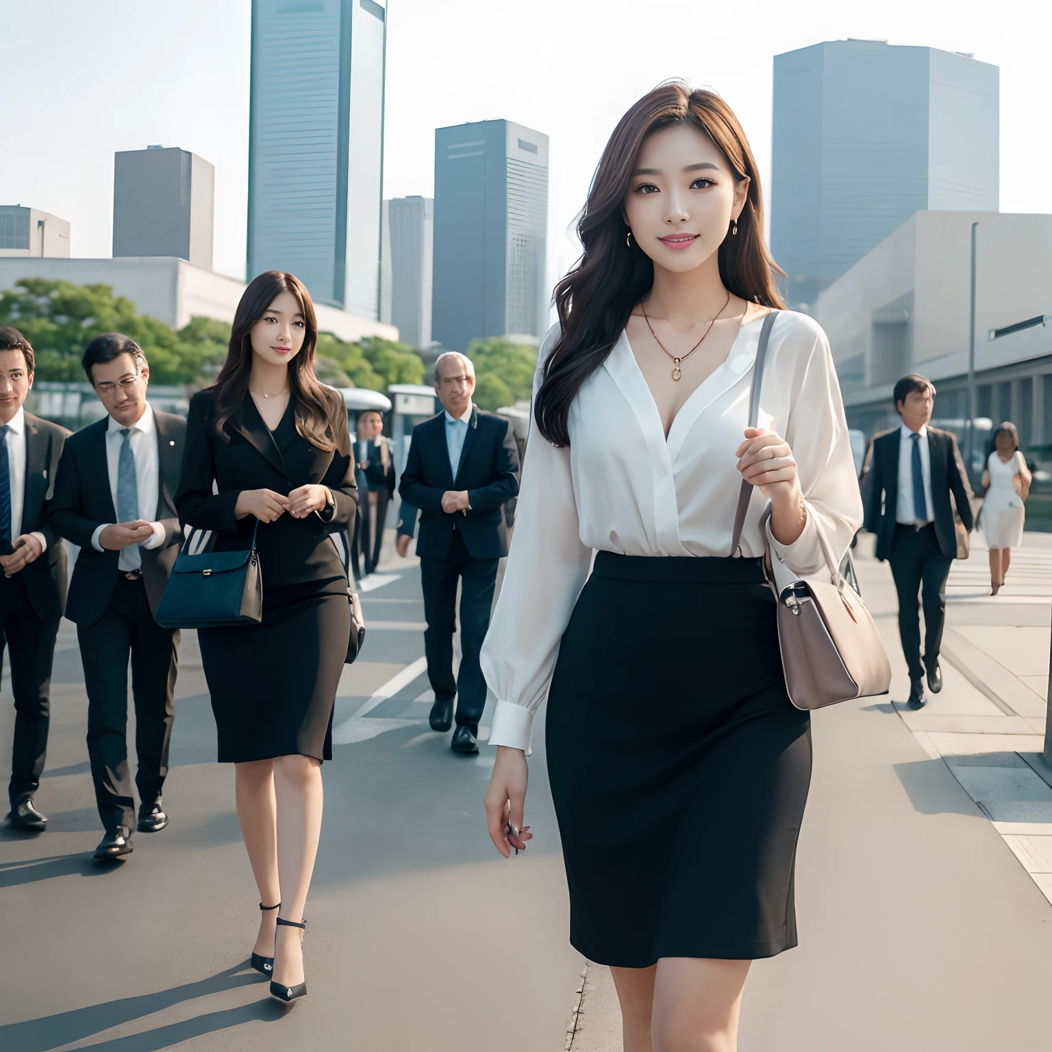 (((Best Quality, masutepiece, 超A high resolution、The most complex and detailed depictions)))、(1人の女性、Beauty Secretary、secretary's attire、Formal office style、White Formal Blouse、tight skirts、Skirt without folds、commute、Have a bag、Carry your office bag over your shoulder、Carrying an office bag over his shoulder、Perfect gas chamber、detailed beautiful faces)、((Walking in front of a station in Tokyo、Walk on the sidewalk in front of the station、Buildings of Tokyo in the background、Tokyo cityscape in the background、Lots of buildings in the background、morning、Morning commute、Shot from the waist up))、Emphasize body lines、[large full breasts]、Morning Lighting Sad Smile、Ephemeral smile、Perfect makeup、long、straight haired、a necklace