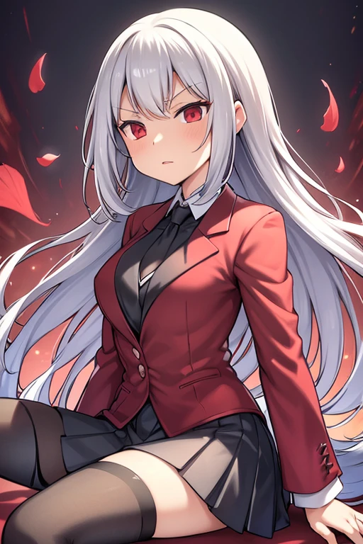 female, silver hair with black tips, red eyes, red blazer, black pleated skirt, black thigh high socks, brown dress shoes, black tie