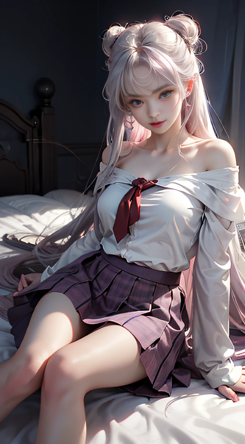 (Woman lying on bed),1 girl, Silver hair, striated hair, Bangs, Blunt bangs, Long hair, Pink hair, aqua eyes, longeyelashes, Purple eyes, makeup, Smile, Parted lips, Realism, Verism, surrealism, depth of fields, One-person viewpoint, F/1.8, 135 mm, canon, nffsw, retinas, masutepiece, ccurate, Anatomically correct, Textured skin, Super Detail, high details, High quality, Best Quality, hight resolution, 1080p, hard disk, 4K, 8K、(Full Body Angle)、(o Off-the-shoulder translucent white blouse), (Loose red tie)、(Dark blue checked miniskirt),((Lift the hem of the skirt)),((lift up skirt))((Lace white panties are visible))(shapely breasts,)、((sexypose))、(camel's toe)、shinny skin。realisitic、Photorealsitic:1.37)、(独奏)、dynamicposes