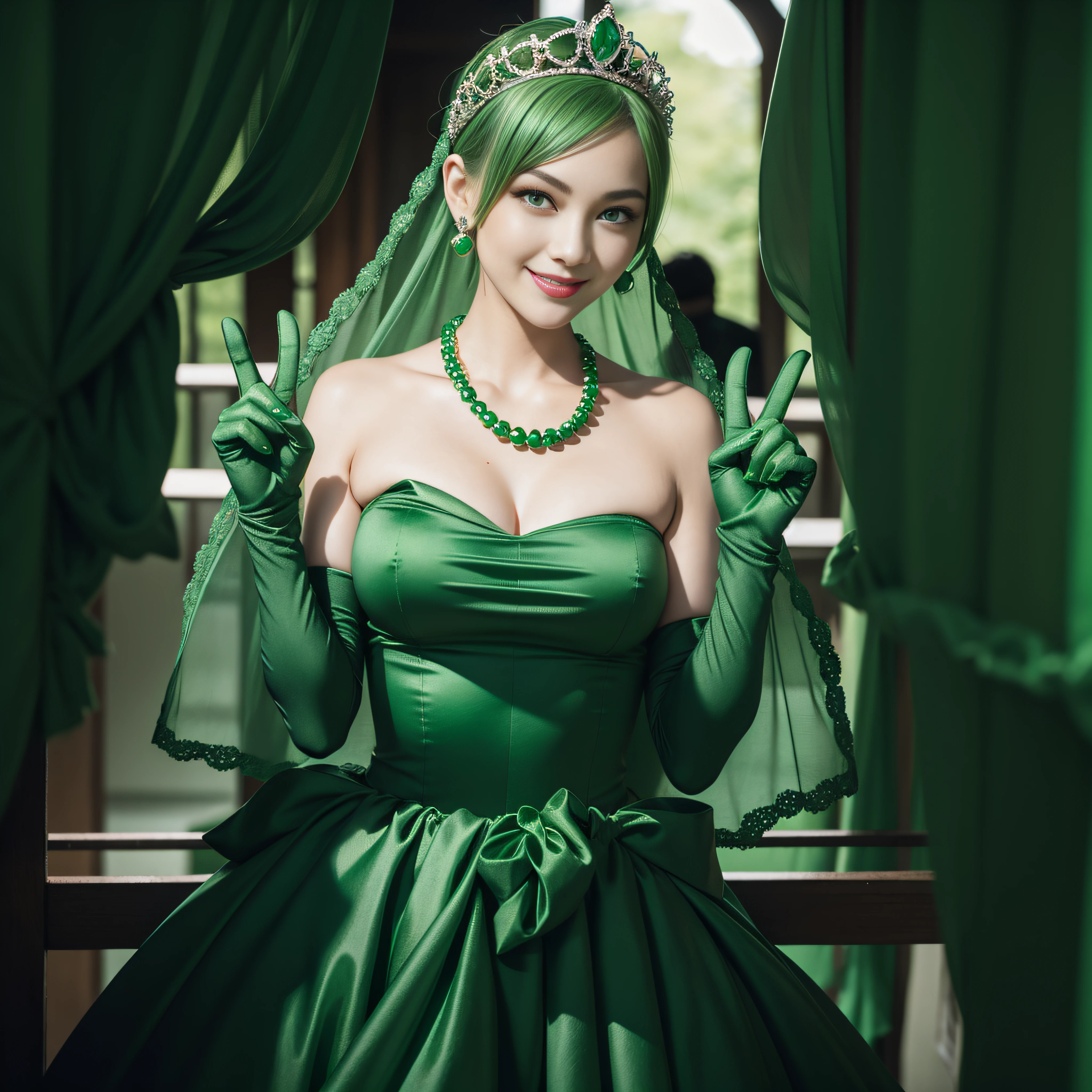 emerald tiara, Green Pearl Necklace, Boyish very short green hair, lipsticks, Japan woman smiling, very short short hair, big breasts beautiful, Green eyes, Long green gloves made of satin material, Green eyes,v sign, Emerald Earrings