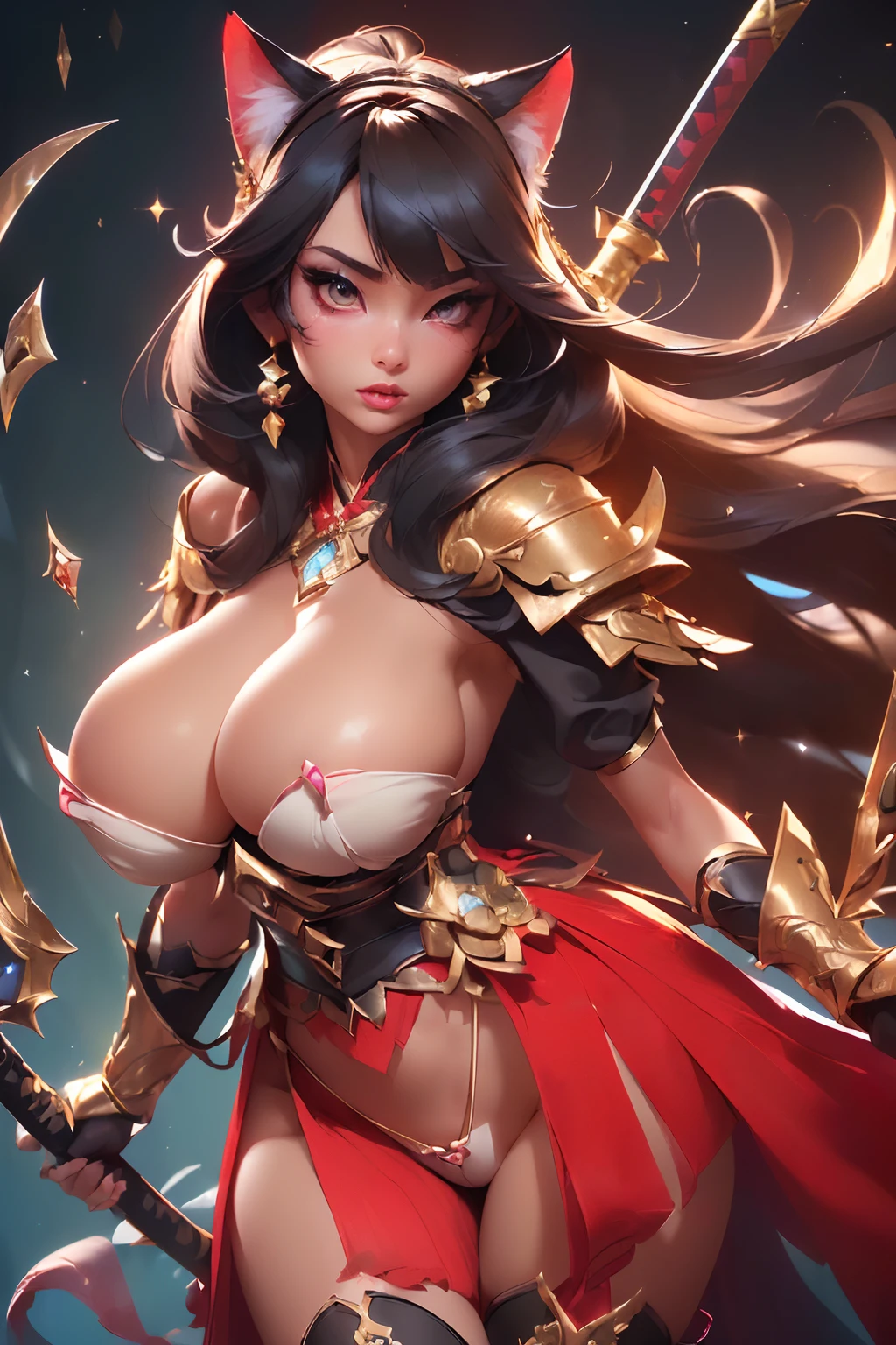 ((full standing body camera shot))((sexy tall japanese supermodel)) ((beautiful face)) (red lipstick) ((big bright eyes)) ((very long straight black hair with long bangs covering one eye)) ((pale skin)) ((very huge breast:1.5)) (perfect body:1.3) ((wears tiny string thong)) ((sexy red samurai armour)) ((fantasy cat ears, cat tail, high heel boots, stocking, gauntlets))((wield magic katana)) ((sexy supermodel posing inside photo studio for camera epic photoshoot, light of reflector over her, fantasy decoration, magic crystals))(high resolution, dynamic shadows)((photorealistic:1.5)) ((masterpiece:1.3)) (8k) (perfect face) (best quality) (perfect hands and eyes)