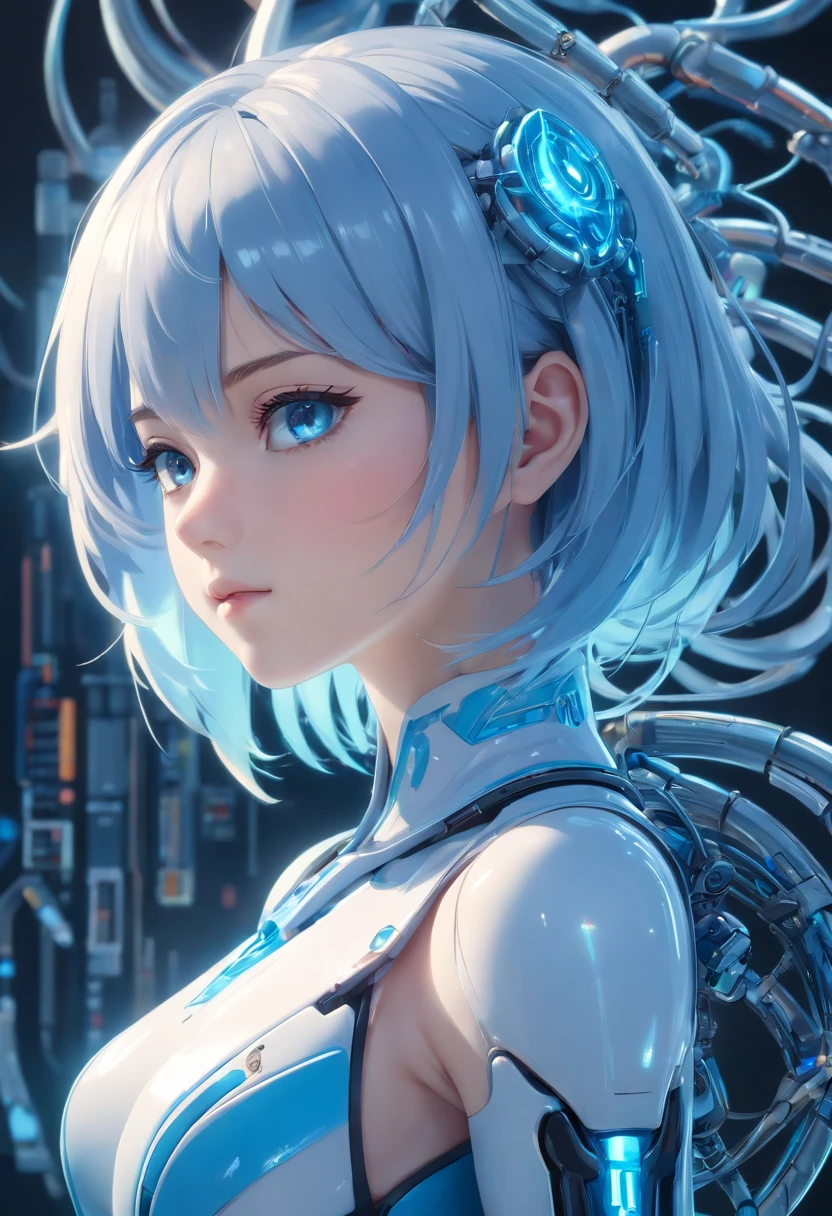 Complex 3d rendering of beautiful porcelain woman android face super detailed, cyborgs, roboticparts, 150mm, beautiful studio soft light, Rim Light, vibrant detail, luxuriouscyberpunk, Lace, hyper realisitic, Anatomical, electric wires, microchips, Elegant, Background Lab, Octane Render, h.R Giger Style, 8K,Silver and light blue hair,Inverted bob hairstyle,Translucent plastic body,Gently glowing eyes,blue eyess, Miki Asai Macro photography,Full body, Hyper Detailed, Trending on ArtStation, Sharp Focus, Cyber Cat Wind, studio photo, Intricate details, Highly detailed, By Greg Rutkowski