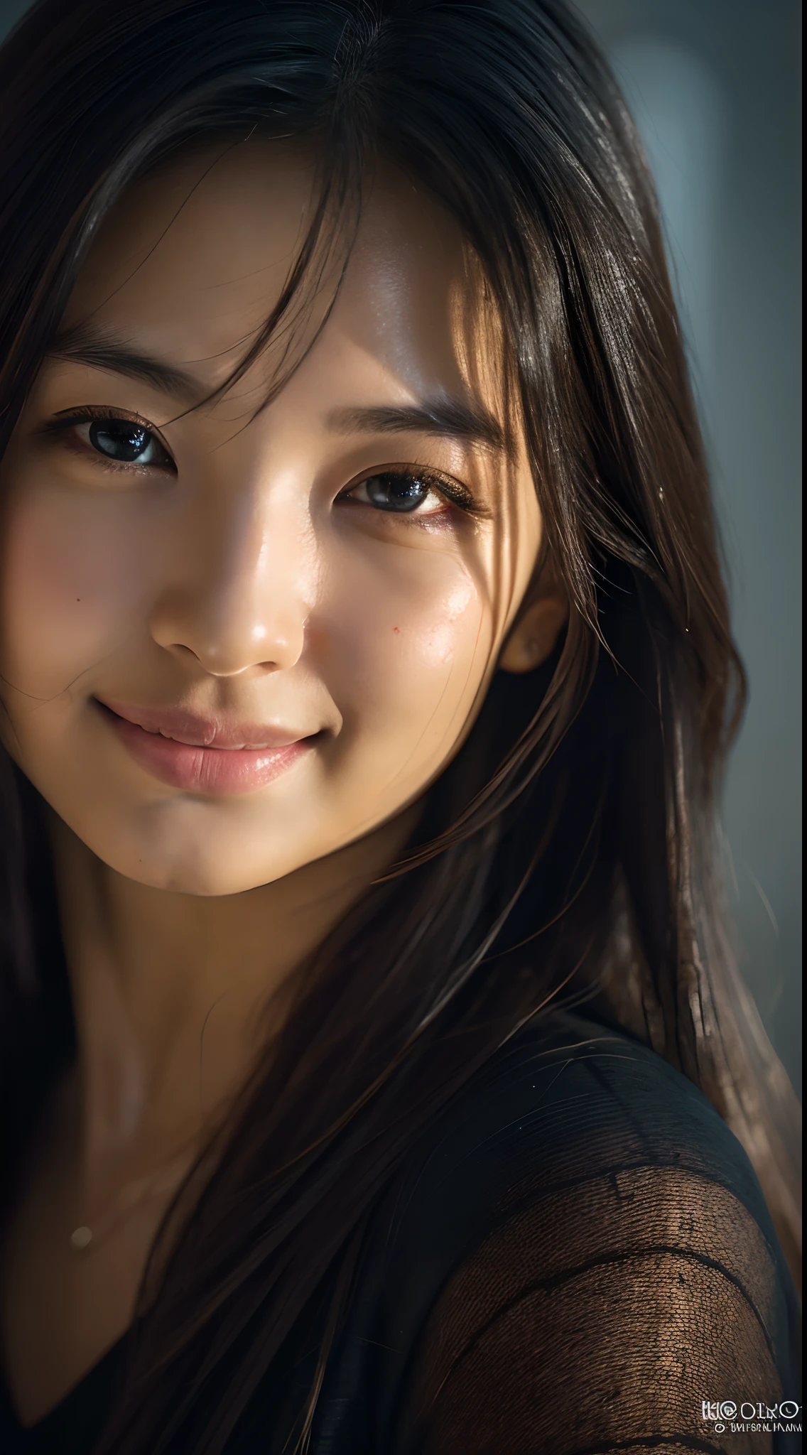 highest quality, epic realistic, ((in the pitch black darkness :1.4)), ((portrait:1.5)),(background: dark ) high contrast ,glorious picture, lowest lux, lighting face, she's comfortable, wearing nothing, , looks incredible, (8k, Raw photo, Highest quality),(epic realistic:1.5), a woman, face,(detailed eyes:0.8),(looking at the camera:1.4), (Highest quality), ( high contrast, deep shadows),Intricate details,cinematic,((skin:1.4)), (long dark hair:1.3), long hair, messy ,(Hdr:1.5),Detailed, colors, Superior quality, Masterpiece, Raw Photo (20-year-old, looking at viewer), beautiful, (wearing plain yellow shirt,), perfect, natural, perfect composition, portrait, perfect face, smiling expression, Captivating eyes, Bright details, Tight lips, (High Skin Detail),, (blue tint: 0.6), (sale: 0.8), (bloody: 0.7), Key lighting , (backlight: 0.5), Medium depth of field, Canon 5d, 50mm lens, f/4 apertures, (Ultra-detailed, Complex detail), sharp focus, soft colors, 8k, Absurd, 80mm, warehouse background, photography, smiling, pinay, filipina, medium boobs,