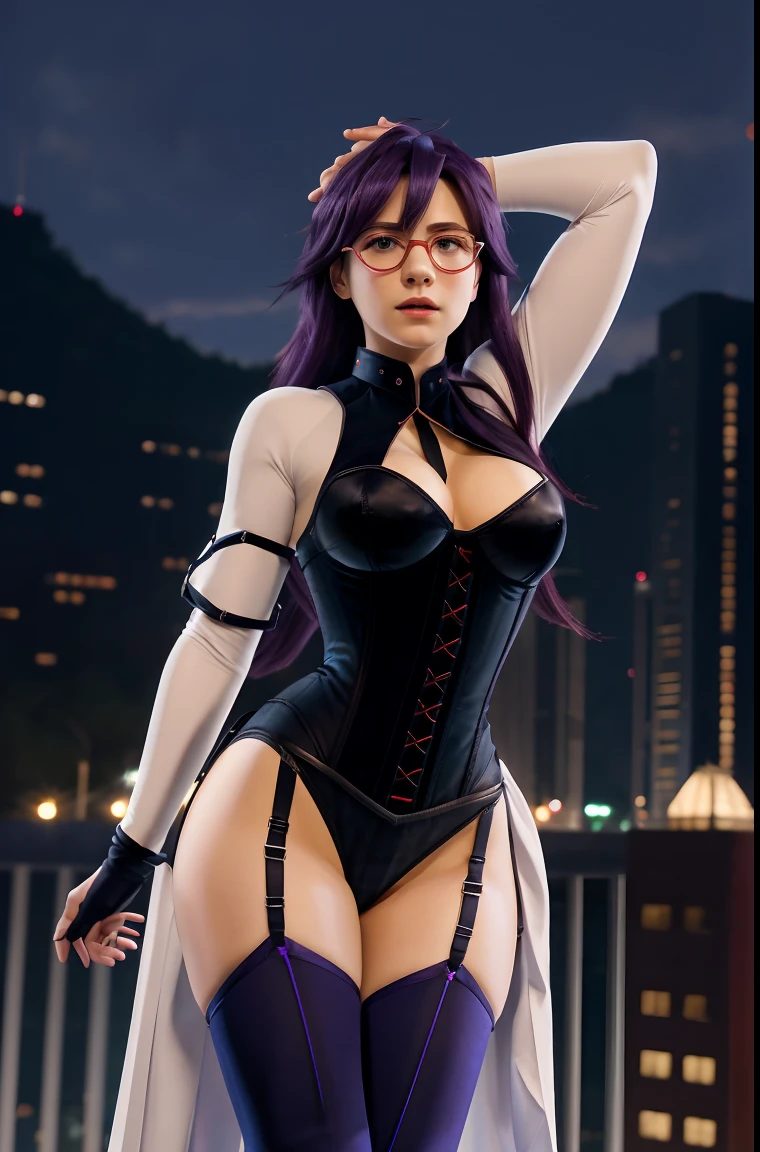 scan, (extremely detailed CG unity 8k wallpaper), (best quality), (ultra-detailed), soft lighting, tracing, anime, stadium, night, 1girl, midnightmha, boku no hero academia, purple hair, very long hair, blue eyes, large breasts, collar, white bodysuit, domino mask, black breastless corset, thighhighs, (black thigh boots), handcuffs, garter straps, upper body, red gemstones