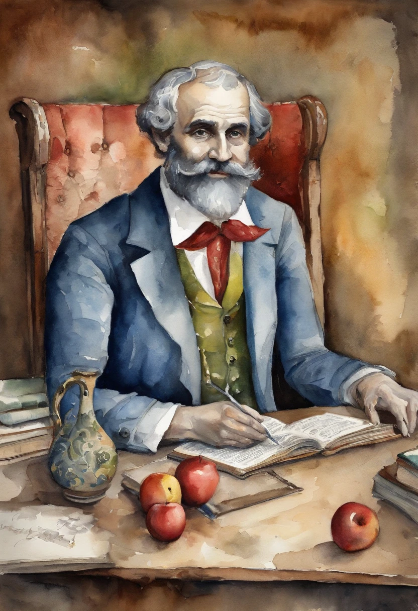 Aristotle ,Big abs , just wear nothing, sittinng on the desk, Holding an apple and a book, Cat under the table,