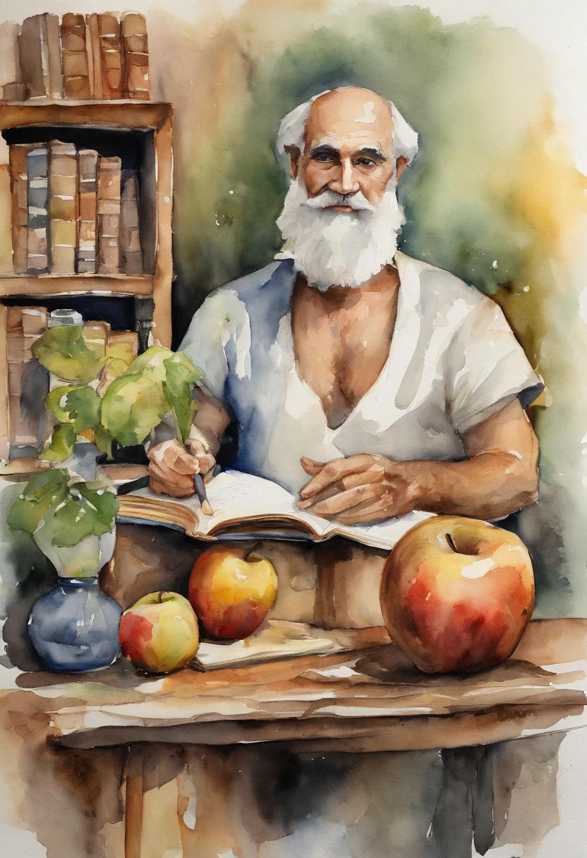Aristotle ,Big abs , just wear nothing, sittinng on the desk, Holding an apple and a book, Cat under the table,