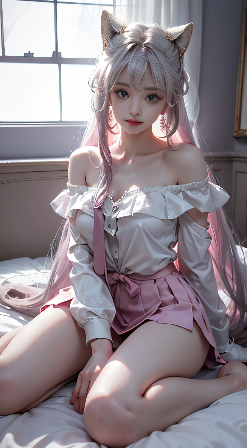 (Woman lying on bed),1 girl, Silver hair, striated hair, Bangs, Blunt bangs, Long hair, Pink hair, aqua eyes, longeyelashes, Purple eyes, makeup, Smile, Parted lips, Realism, Verism, surrealism, depth of fields, One-person viewpoint, F/1.8, 135 mm, canon, nffsw, retinas, masutepiece, ccurate, Anatomically correct, Textured skin, Super Detail, high details, High quality, Best Quality, hight resolution, 1080p, hard disk, 4K, 8K、(Full Body Angle)、(o Off-the-shoulder translucent white blouse), ())(Loose red tie)、(Check miniskirt),(shapely breasts,)、((sexypose))、(camel's toe)、shinny skin。realisitic、Photorealsitic:1.37)、(独奏)、dynamicposes