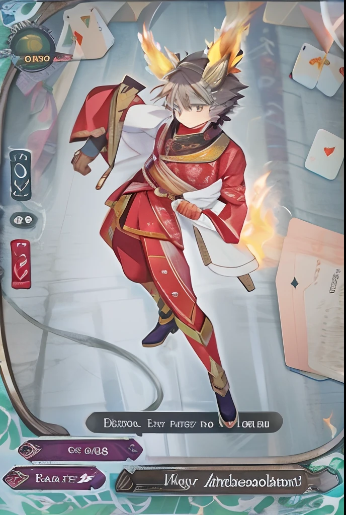 a close up of a card with a person in a red suit, trading card fond, trading card, the front of a trading card, dapper dream demon, okita sougo, flame conjuring armored, tanjiro kamado, machiavellian puppetmaster, akiyuki shinbou, front game card, trading card front, fire!! full body