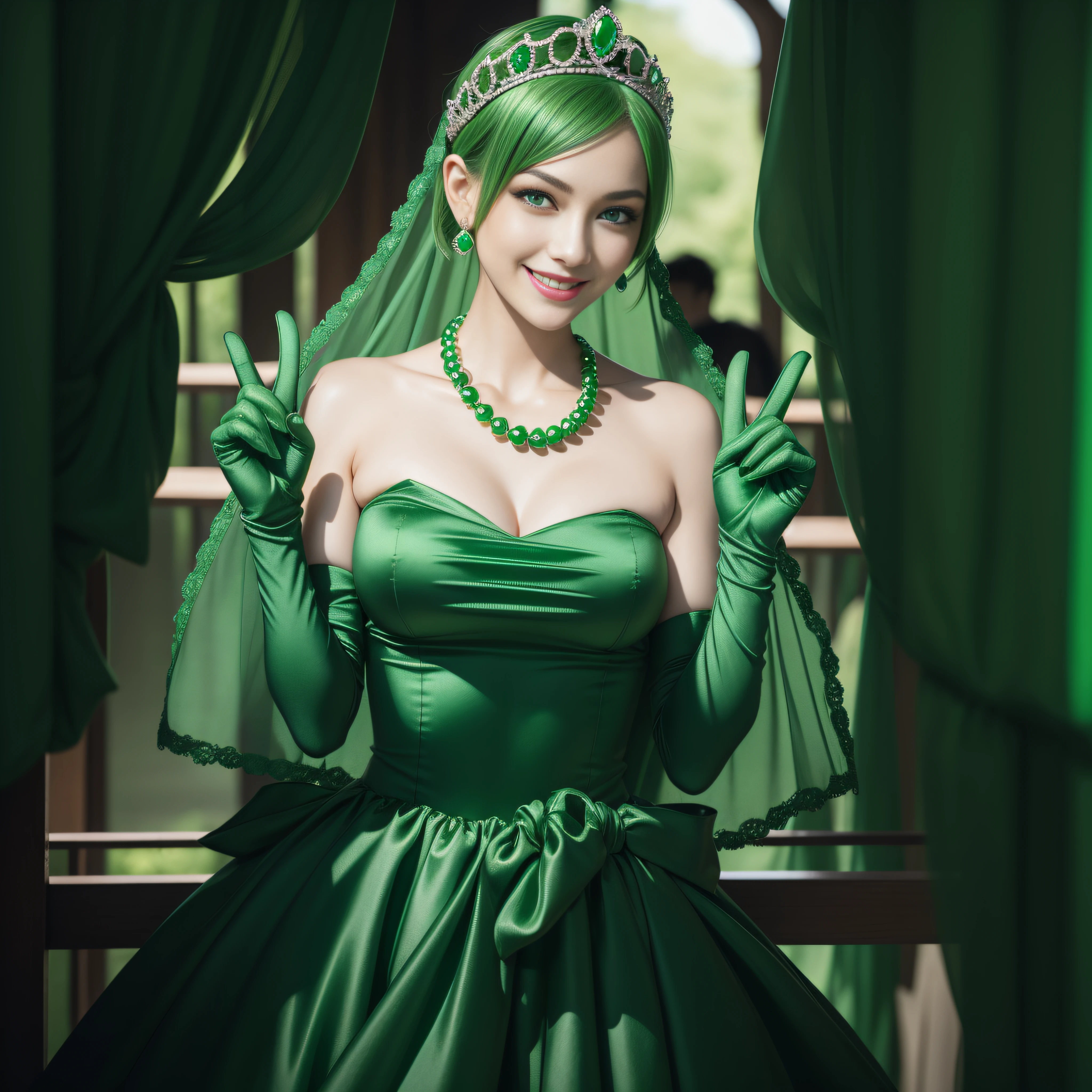 emerald tiara, Green Pearl Necklace, Boyish very short green hair, lipsticks, Japan woman smiling, very short short hair, big breasts beautiful, Green eyes, Long green gloves made of satin material, Green eyes,v sign, Emerald Earrings