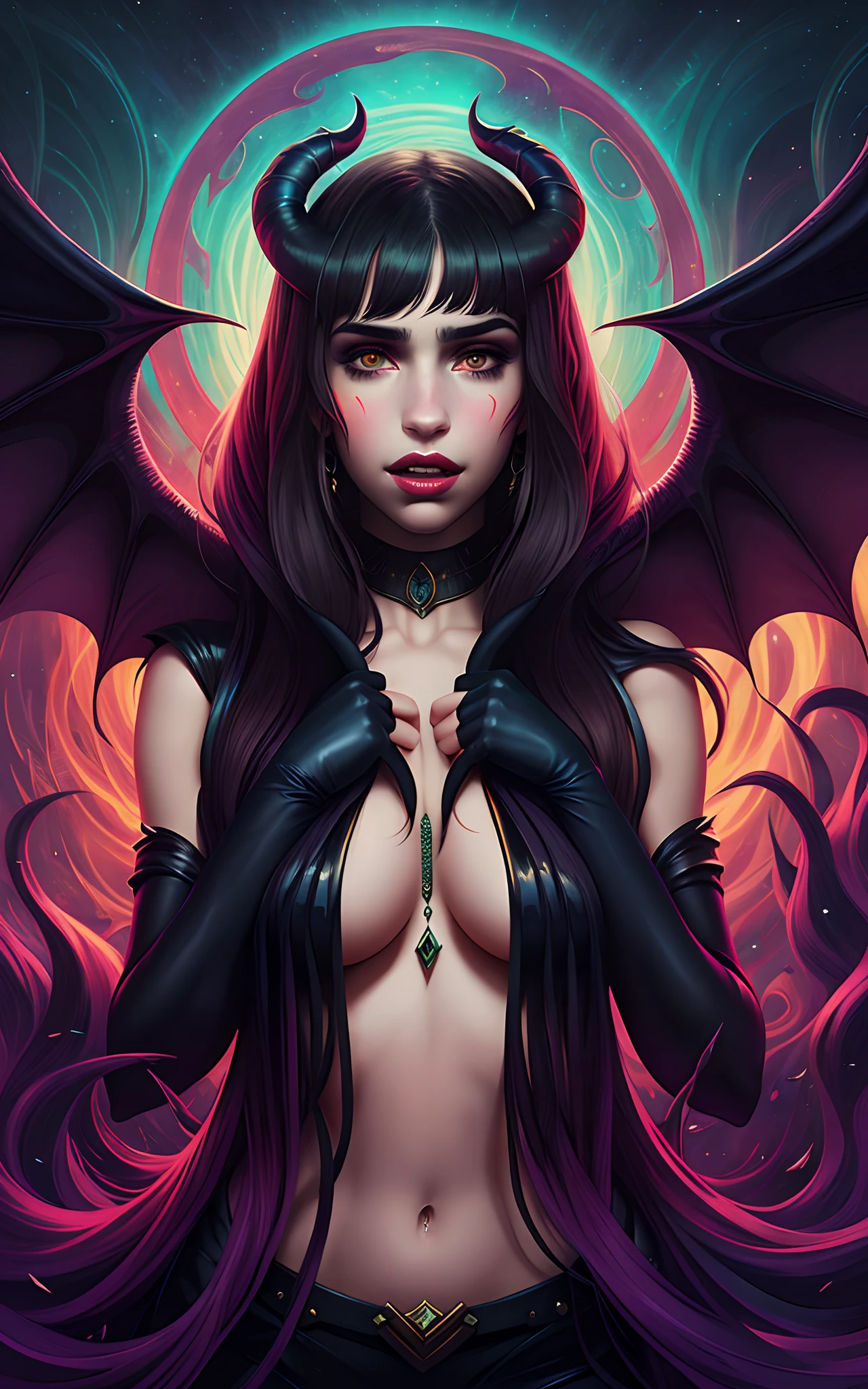 Succubus with the face of Emily Rudd: Dua Lipa, sensual pose, (symmetrical) concept art, dark fantasy background, abstract beauty, hyperdetailed, in the style of Brom