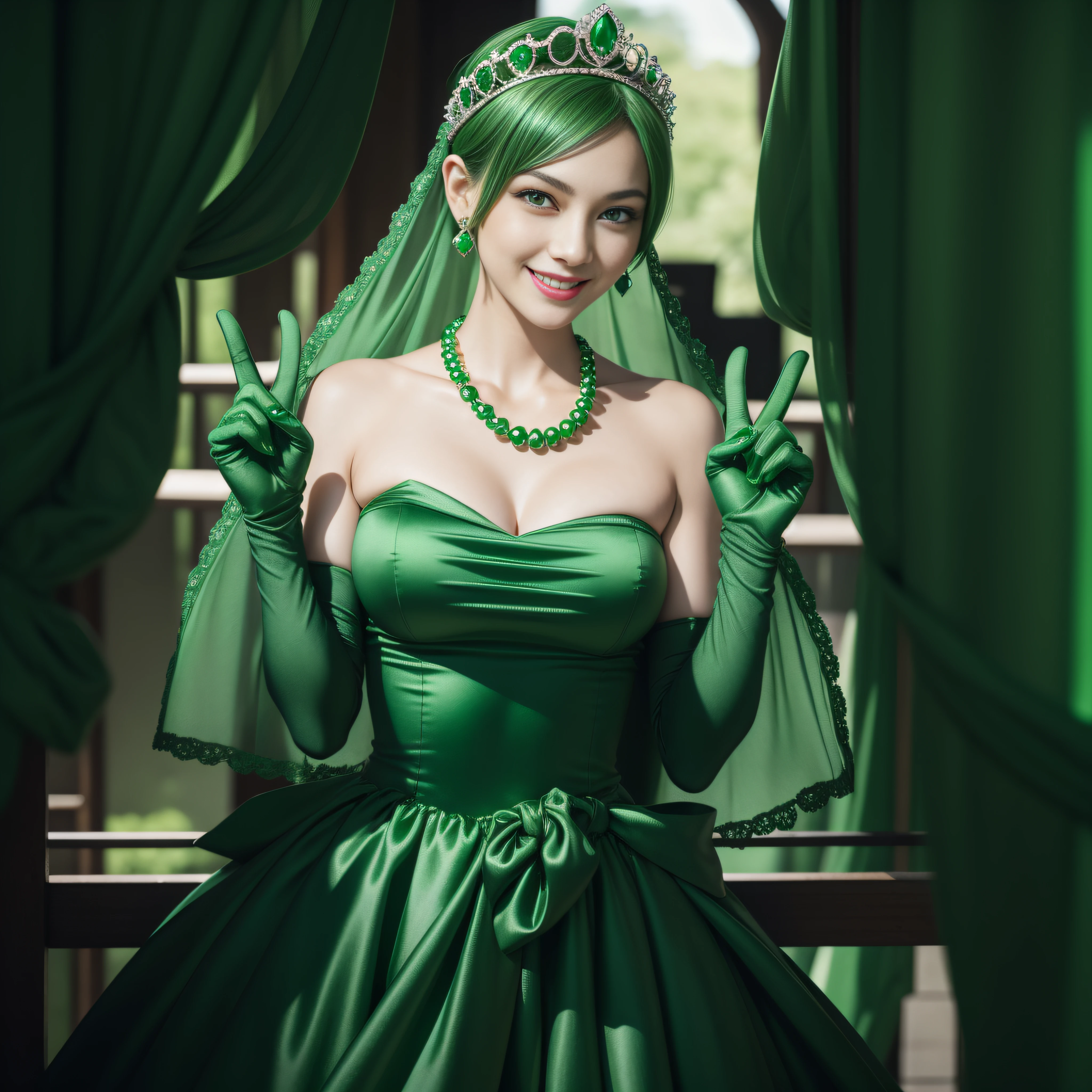 emerald tiara, Green Pearl Necklace, Boyish very short green hair, lipsticks, Japan woman smiling, very short short hair, big breasts beautiful, Green eyes, Long green gloves made of satin material, Green eyes,v sign, Emerald Earrings
