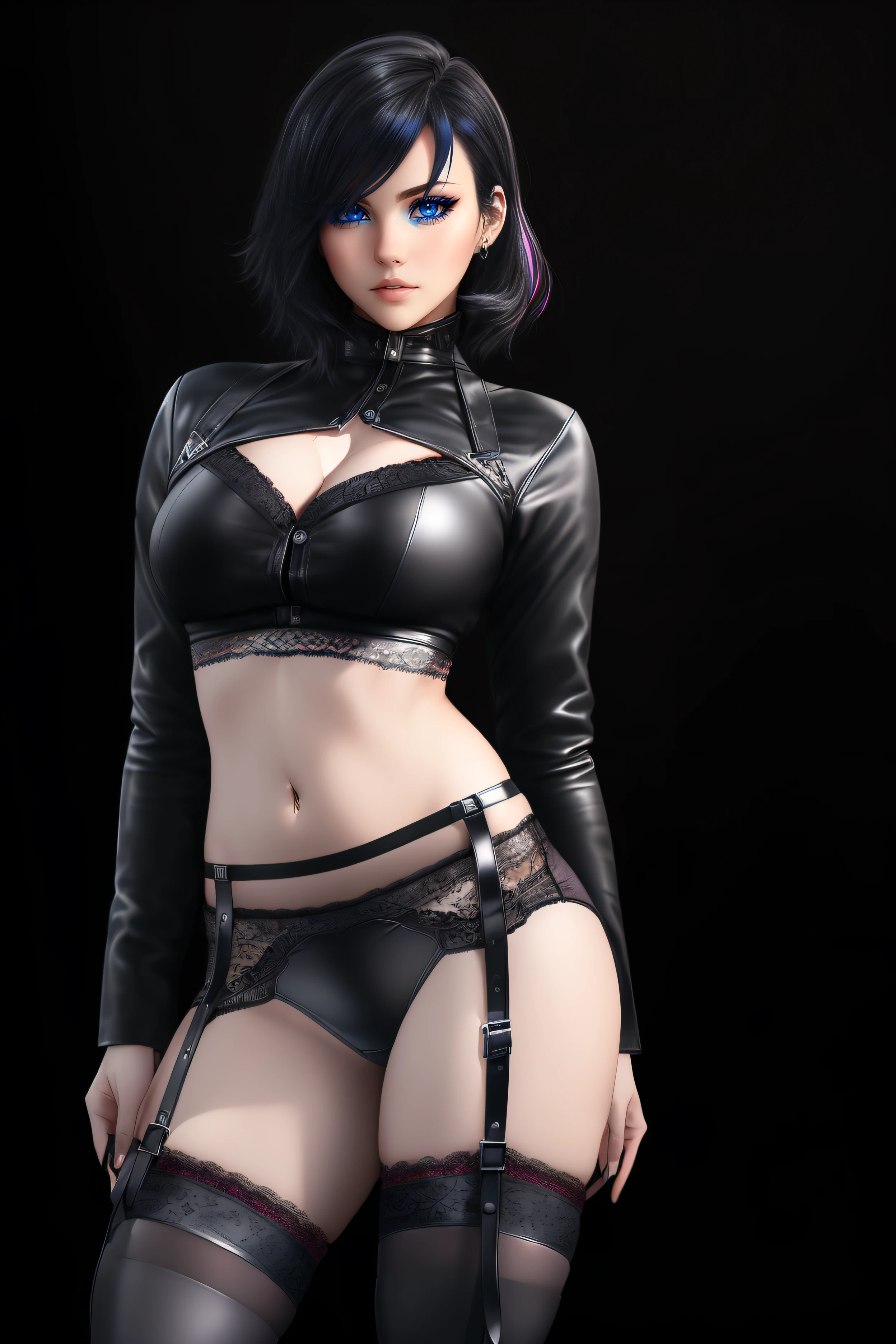 25-Year-Old Woman, Full Body, (standing:1.4), short bright neon streaked black hair, (realistic highly detailed eyes:1.4), (seductive pose:1.2), black eyeshadow, (dominatrix style wear:1.2), (short skirt), (lace underwear:1.4), (knee high heel leather boots), ((dark plain black background:1.4)), Serious Face, Realistic Face Resolution, Realistic, Object Resolution