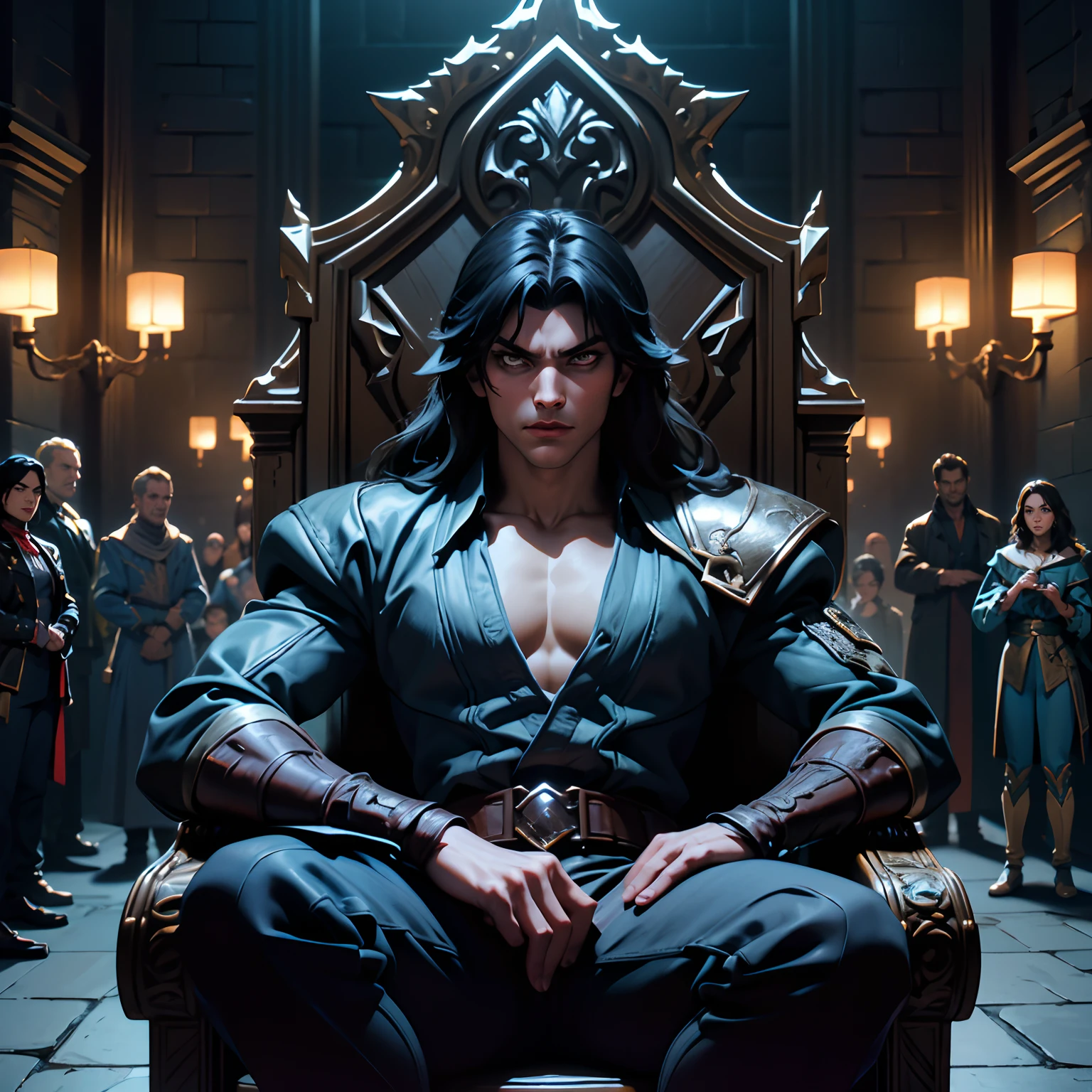 Castlevania Shadow Lord of the shadows hokuto no ken very detailed faces hyper realistic super detailed Dynamic shot masterpiece cinematic scene sitting in his great legendary throne with his men surrounding him hyper realistic super detailed cutscenes Epic Movie Legendary different angle of view