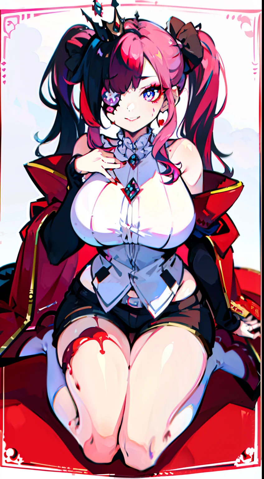 crazy cloud haired girl, pink hair, full body picture, pink eyes, heart shaped pupils, insane smile, blood splatter, 1GIRL, insane girl in long pink hair, crown, princess bubblegum style, finely detailed, (best quality), (intricate details), cute style, , jester style, multicolored, ((long pink messiest hair in pigtails)), best quality, ((long sleeve shirt and shorts)), ((red and white clothes)), ((jester style clothes)), ((thigh high socks)), ((round eyes)), ((has jester makeup)), beautiful face, happy, cute face, pinup, perfect face, simple background portrait, clowh hear cards, bubble gums