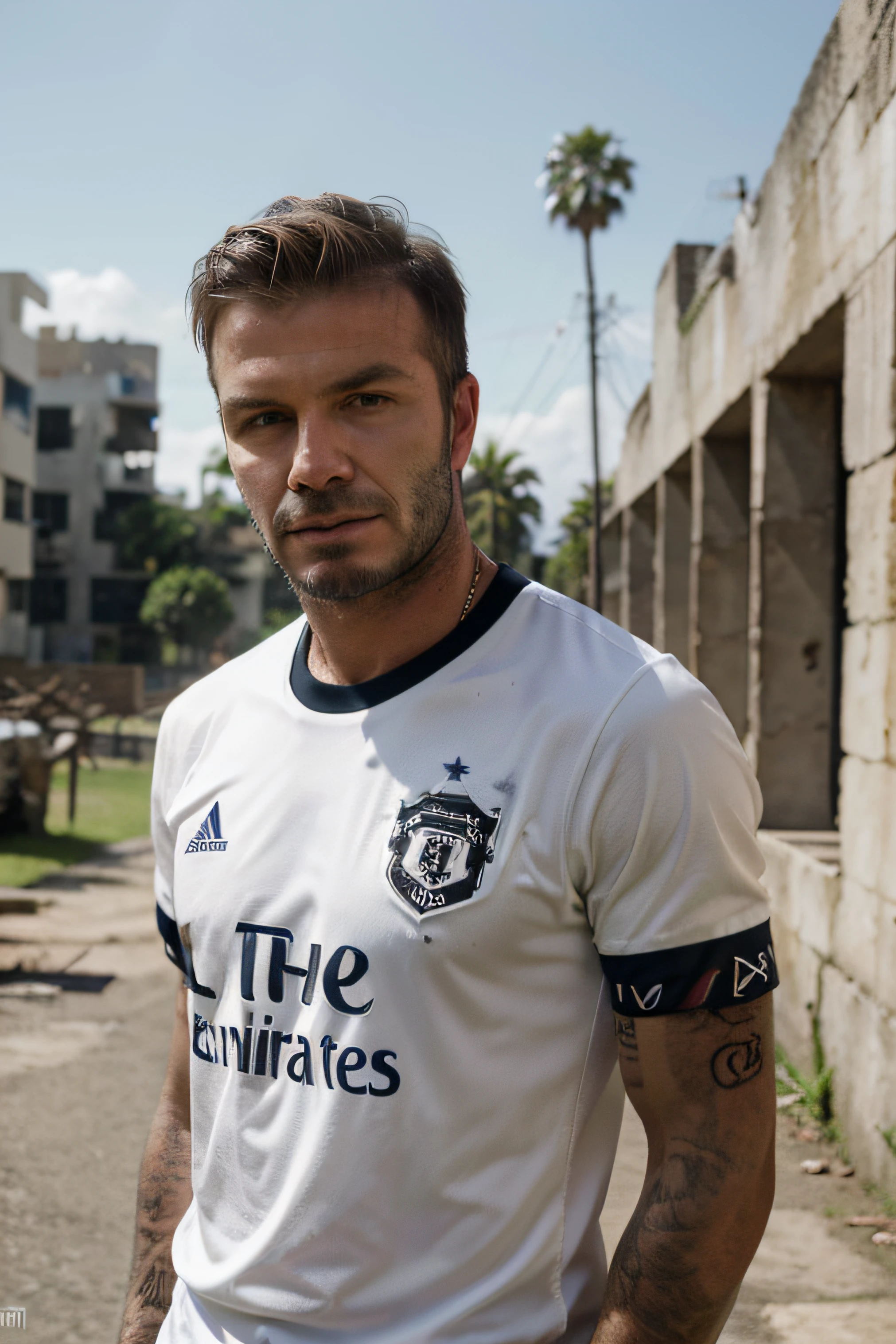 Foto RAW, um retrato aproximado de um homem brutal de 45 anos , pale skinned, corpo esguio, background of city ruins (pele altamente detalhada: 1.2), 8k uhd, dslr, soft-lighting, alta qualidade, grain of film, Fujifilm XT3, david-beckham, com camisa do clube manchester united , DAVID BECKHAM