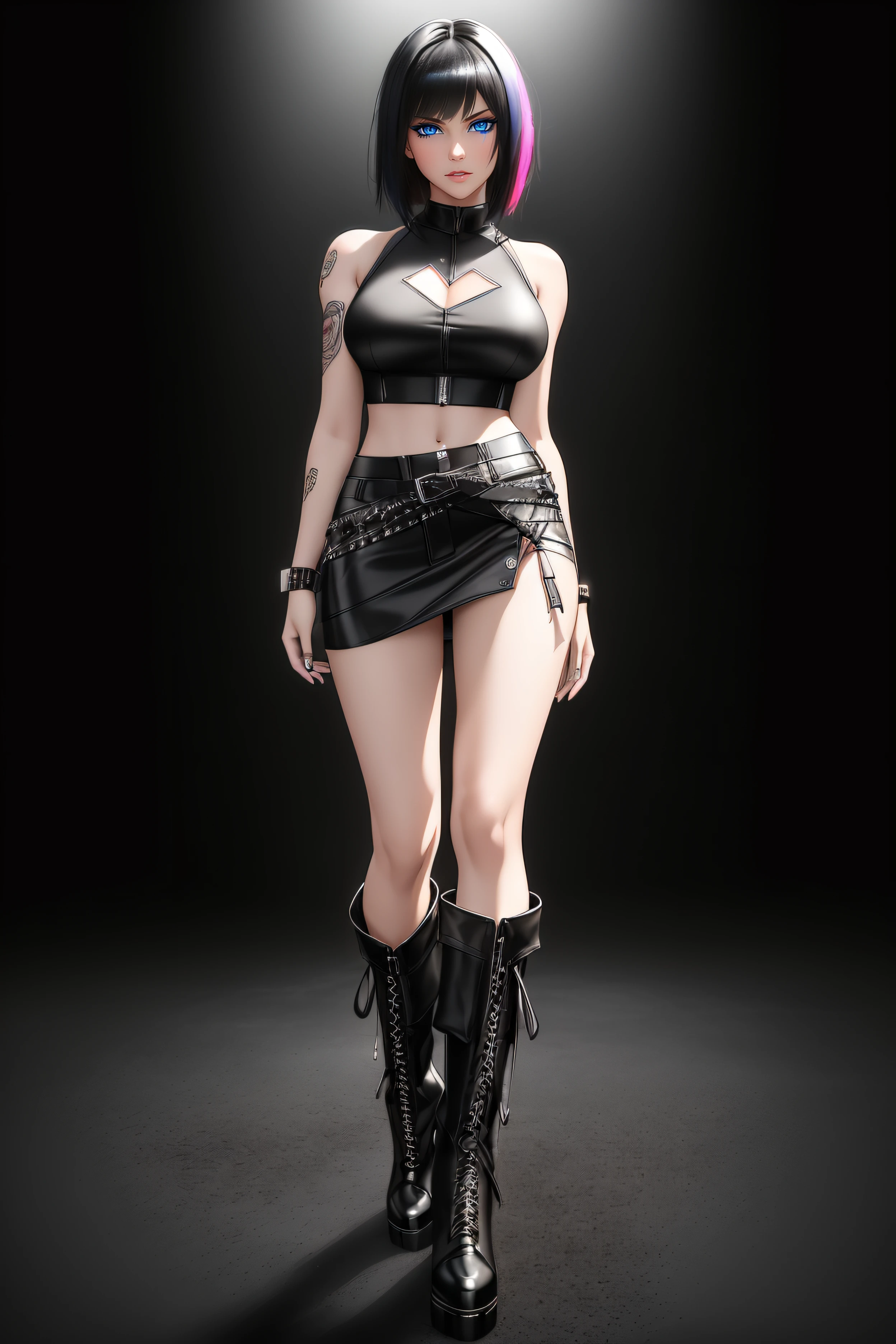 beautiful girl, ((standing:1.4)), (confident gaze:1.1), full body, short bright neon streaked black hair, ((realistic highly detailed eyes:1.4)), ((seductive pose:1.2)), black eyeshadow, (street style wear:1.2), ((short skirt)), ((knee high leather boots)),((dark plain black background:1.4)), dark makeup, digital art, trending on artstation, highly detailed, fine detail, intricate, detailed facial features, sharp focus, smooth, aesthetic,
