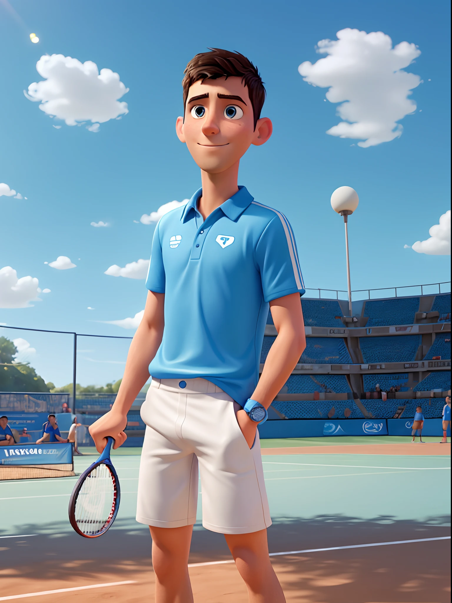 A movie poster inspired by Disney Pixar's signature digital art style. Novak Djokovic, um tenista profissional, Wears white shorts and blue shirt on the tennis court. The overall composition should capture the essence of an epic adventure, Drawing viewers into the world of the story.