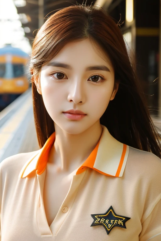 realistic photos of (1 cute Korean star) flipped hair, Thin makeup, medium breasts size, Orange Polo Shirt, At the train station, Canon EOS clear facial features, 16 K, High resolution, sharp and realistic details,  Overexposure, cut-in, nffsw, hight resolution, Best Quality