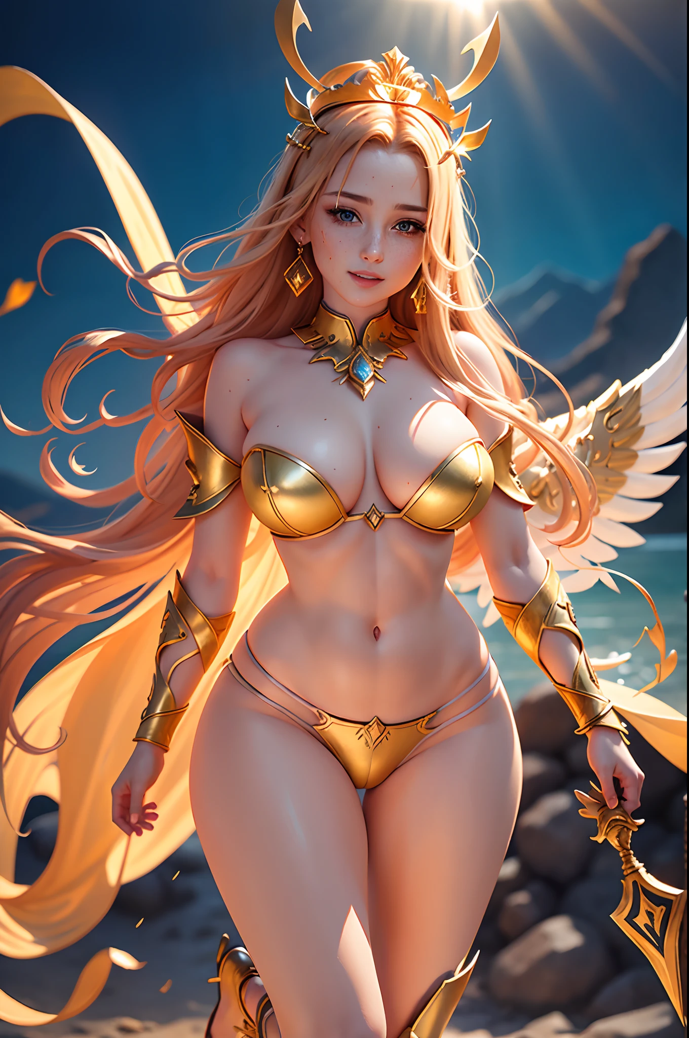 Hand drawn illustration of handsome angel with wine hair, bright light blue eyes, symmetrical angelic wings, leather armor, Halo, Illustration, watercolor sketch, (Best Quality)), detailed intricate, Pakistani, Belly out, thick lips with red lipstick, lightly made up and rosy cheeks, Feminine, thin waist, wide hips, thick legs, defined and delicate body, Detailed skin, golden tribal tattoo, A clear day, Blue sky, Sun rays, cheerfulness, Smiling, flowery garden, golden tribal tattoo, shiny golden armor with red stones, Cheerful, Happy, Beautiful, Full body, Flying, Mountains in the background, golden aura, rays and fire, crystalline, scorpion tattoo on belly, armor, greek goddess, Tiara with jewelry, earrings, bright halo, emanating energy, scorpion armor, Full body, golden sandals up to the shin, Depth, flames of fire, armor on the arms, armor on the shoulders, armor on the waist, warrior amazon, Warrior, Amazon, queen, wrapped in transparent fabric, Scorpion Jewelry, Scorpion tattoo, Tribal scorpion tattoo, knights of the zodiac, Wet, water dripping, Wet hair, Wet skin, rays of light coming out of your clothes, Wearing a crown, Large breasts, bikini brand, asa, swollen breasts, Tanning with bikini marks, big heaving breasts, tattooed, mischievous expression, Very large breasts, Transparent fabric