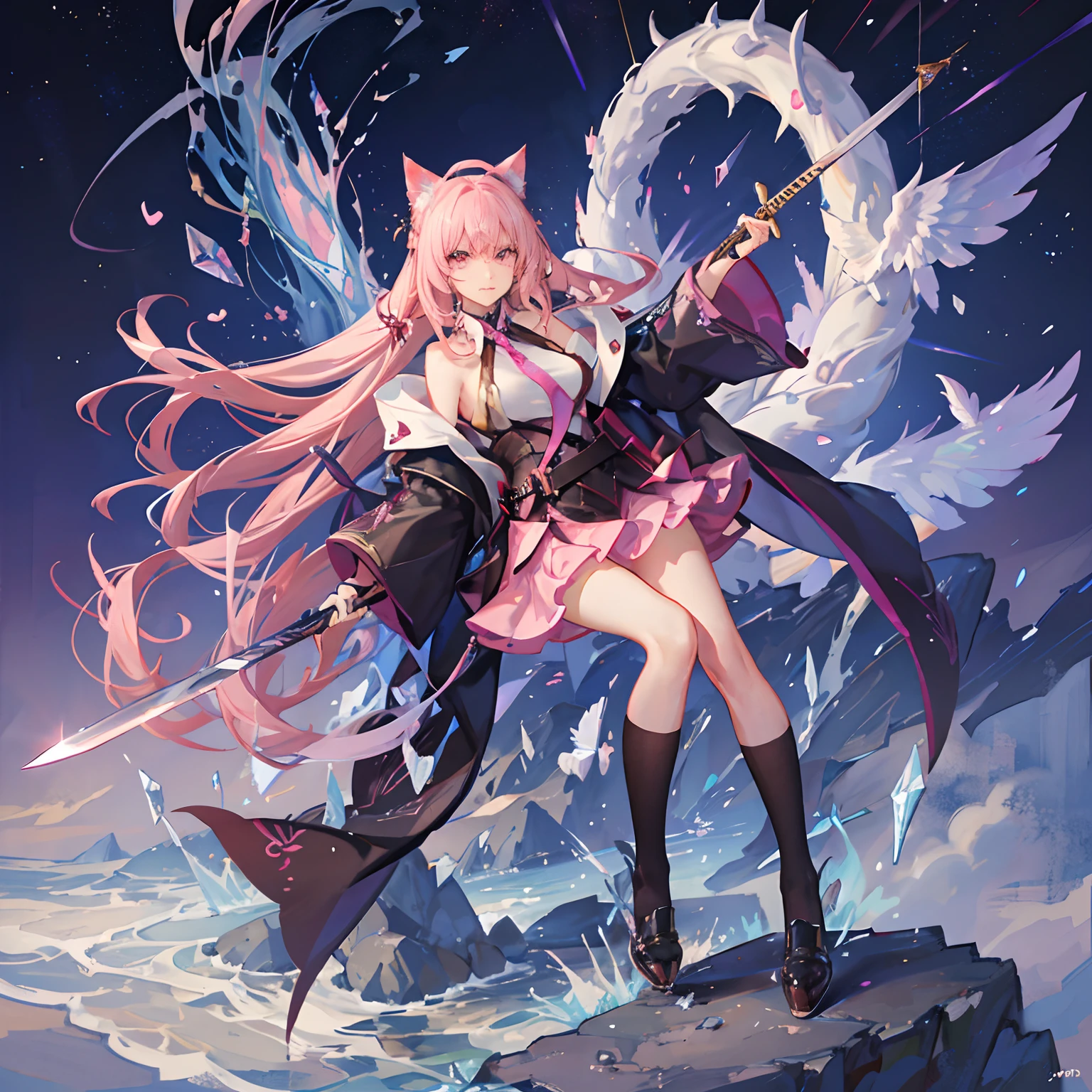 "anime girl, 1 person, pink hair, pink cat ears, pink eyes, women's shirt, tie, with takana twin swords on back, takana sword, women's black off-the-shoulder jacket, black miniskirt, big breasts  , there are ice crystals flying around on his back, holding a sword, fighting, dual takana swords, smiling triumphantly, solo, frontal view, standing cross-legged .(full HD 4K+ image )"