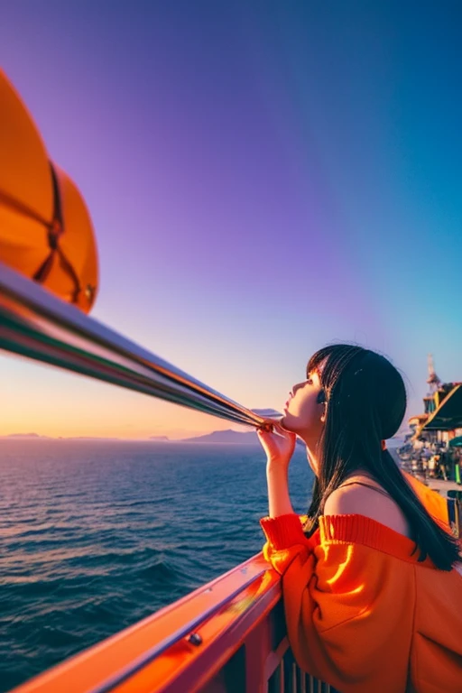 1girl in,huge-breasted, Black hair, High quality, ultra-detailliert, masutepiece, Realistic,(masutepiece, Best Quality:1.4), Cinematic Light, Colorful, High contrast, neons, skyporn, Sunlight, spaces, Beach, Wave, No people, Vast landscape photos, (The view from below with a view of the sky and the sea below、Heavy use of purple and orange, Details, Anime style with warm colors and vivid Japan
