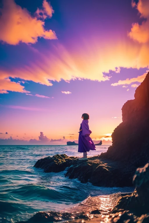 1girl in,huge-breasted, Black hair, High quality, ultra-detailliert, masutepiece, Realistic,(masutepiece, Best Quality:1.4), Cinematic Light, Colorful, High contrast, neons, skyporn, Sunlight, spaces, Beach, Wave, No people, Vast landscape photos, (The view from below with a view of the sky and the sea below、Heavy use of purple and orange, Details, Anime style with warm colors and vivid Japan
