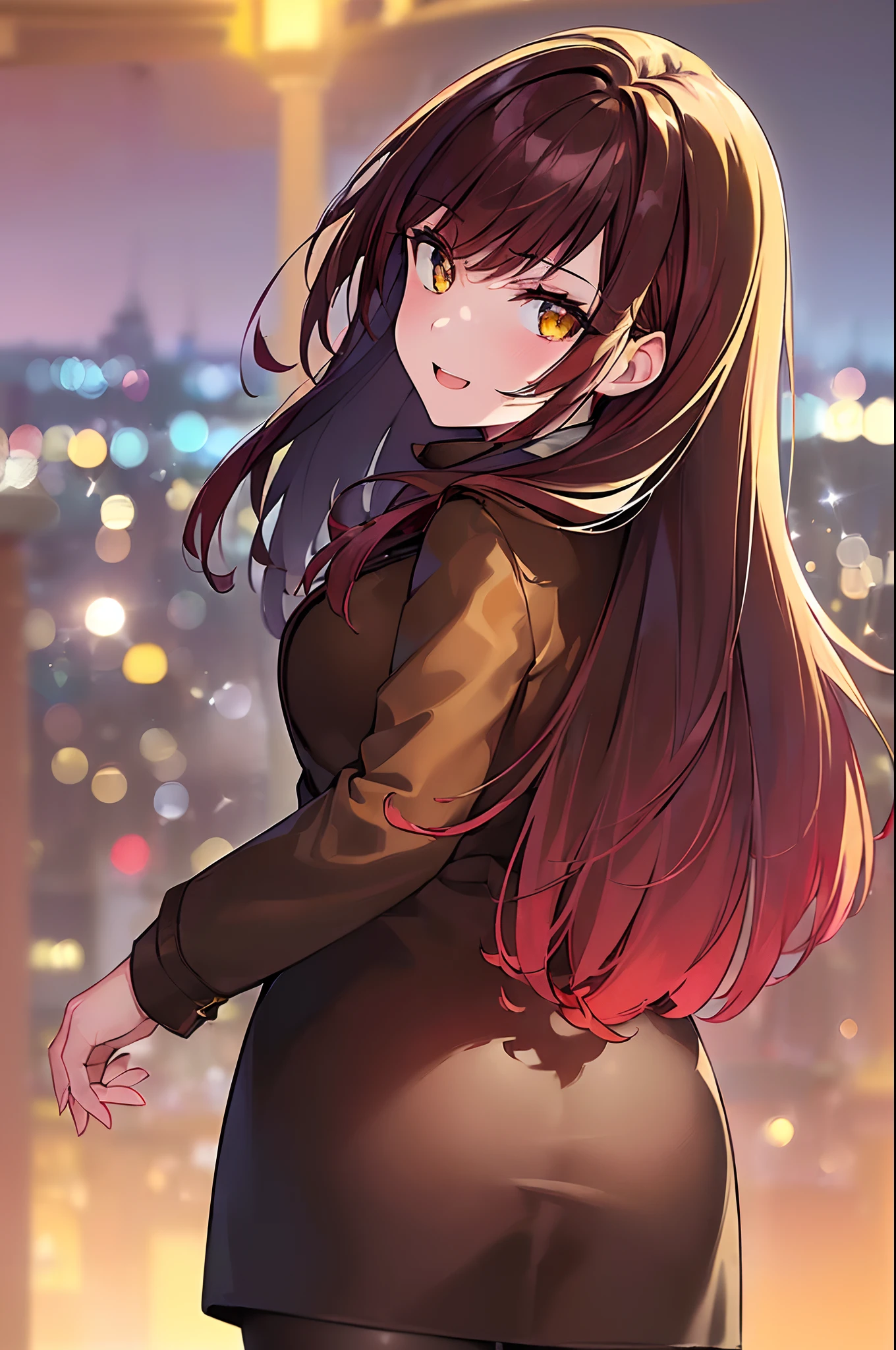 (masterpiece, best quality, ultra detailed beautiful face and eyes:1.3),beautiful girl,high school student,(dark red hair:1.3),yellow eyes,(medium and fine hair:1.8), large breasts,black turtleneck sweater, (brown coat:1.5),flare skirt,black pantyhose,(laughing out loud:1.1),(looking back:1.5),starry sky of city,midnight,dutch angle,