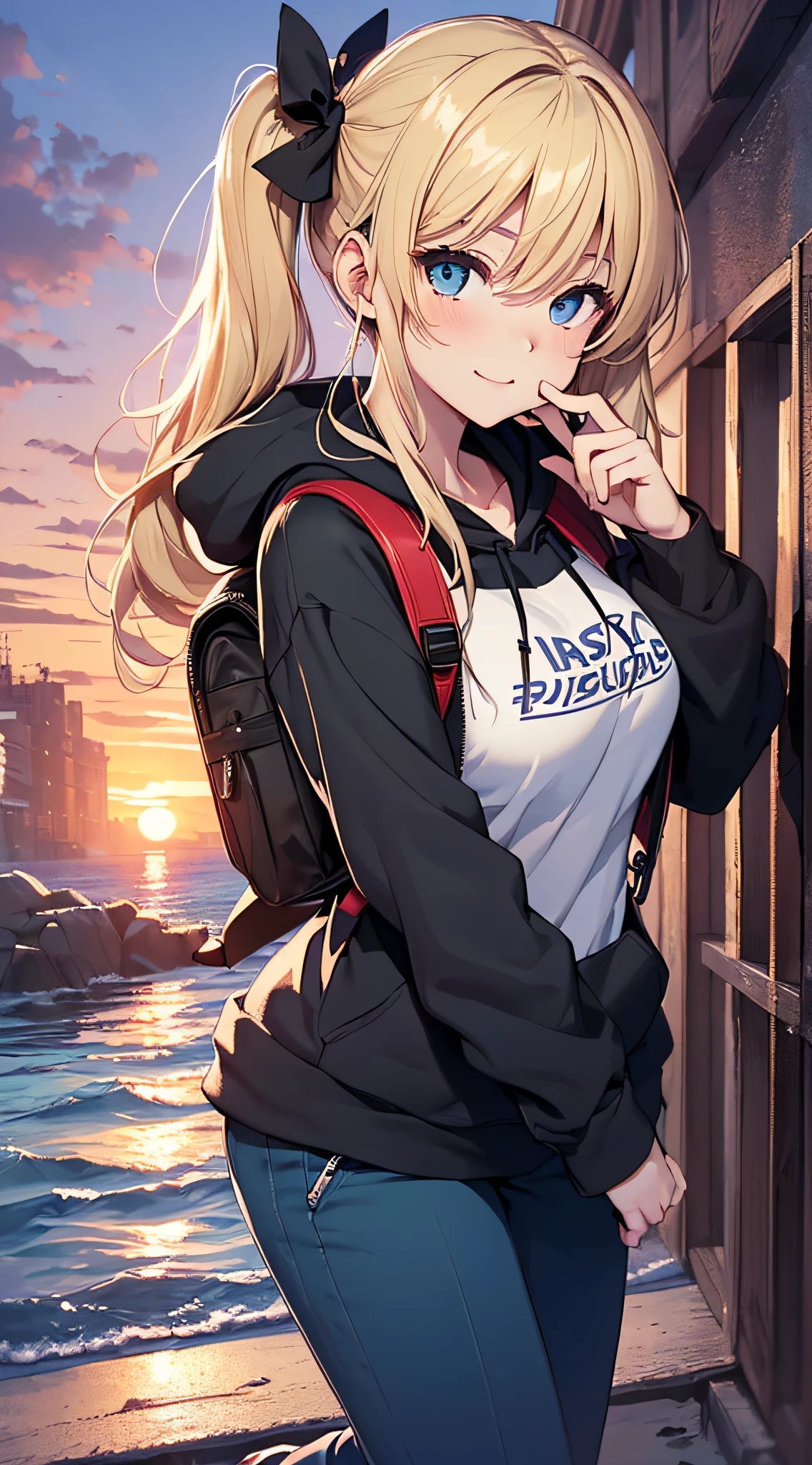 top-quality、Top image quality、masterpiece、girl with((18year old、Best Bust、big bast,Beautiful blue eyes、Breasts wide open, Blonde twintails、A slender,Large valleys、Black hoodie、Purple pants、Blue Rucksack、Walking motion、wave her hand、White sigh from the mouth、Red face、A slight smil))hiquality、Beautiful Art、Background with((Wide Ports、sunrises,strong breeze、das boot、mare)))、,masutepiece、visualart、depth of fields、