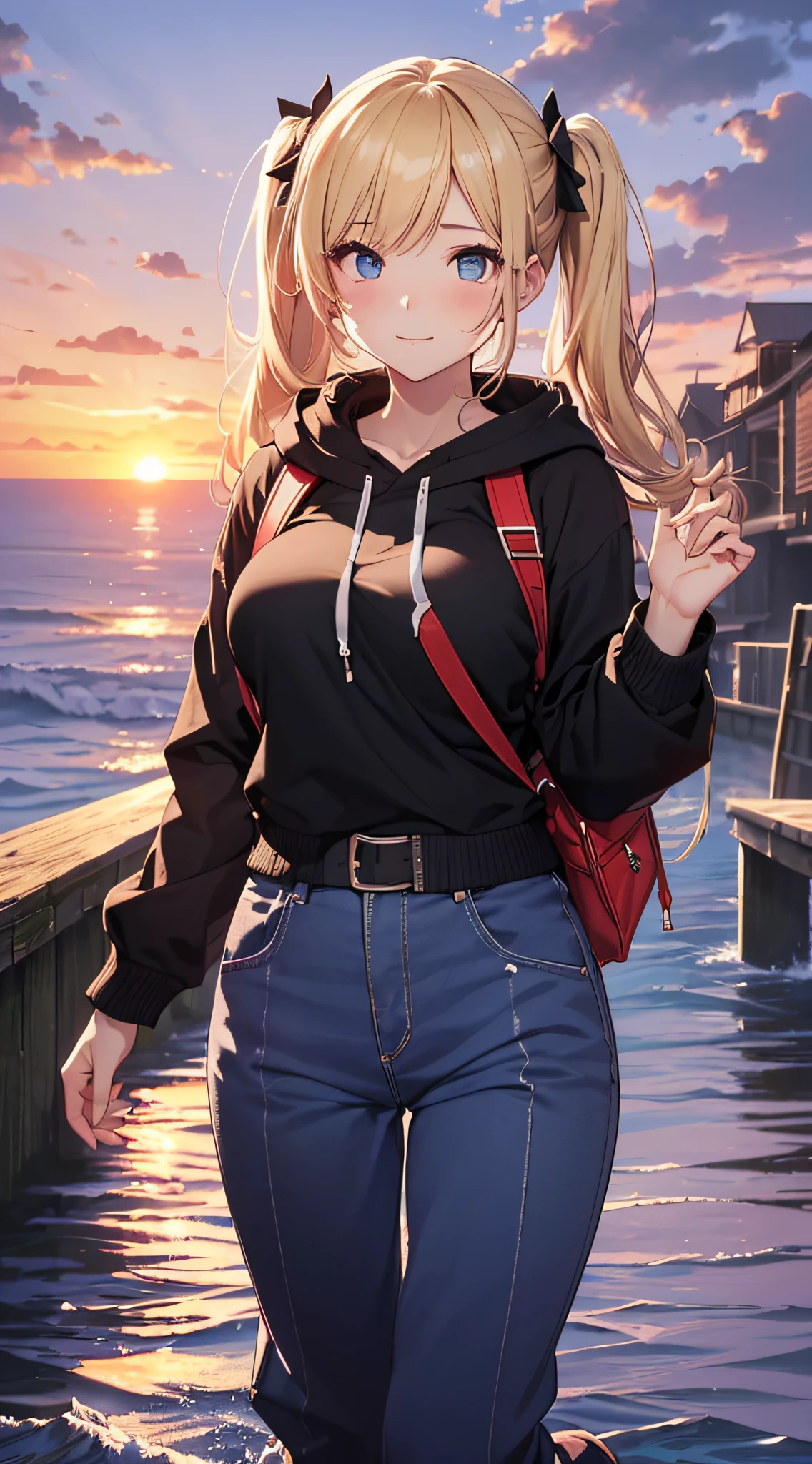 top-quality、Top image quality、masterpiece、girl with((18year old、Best Bust、big bast,Beautiful blue eyes、Breasts wide open, Blonde twintails、A slender,Large valleys、Black hoodie、Purple pants、Blue Rucksack、Walking motion、wave her hand、White sigh from the mouth、Red face、A slight smil))hiquality、Beautiful Art、Background with((Wide Ports、sunrises,strong breeze、das boot、mare)))、,masutepiece、visualart、depth of fields、