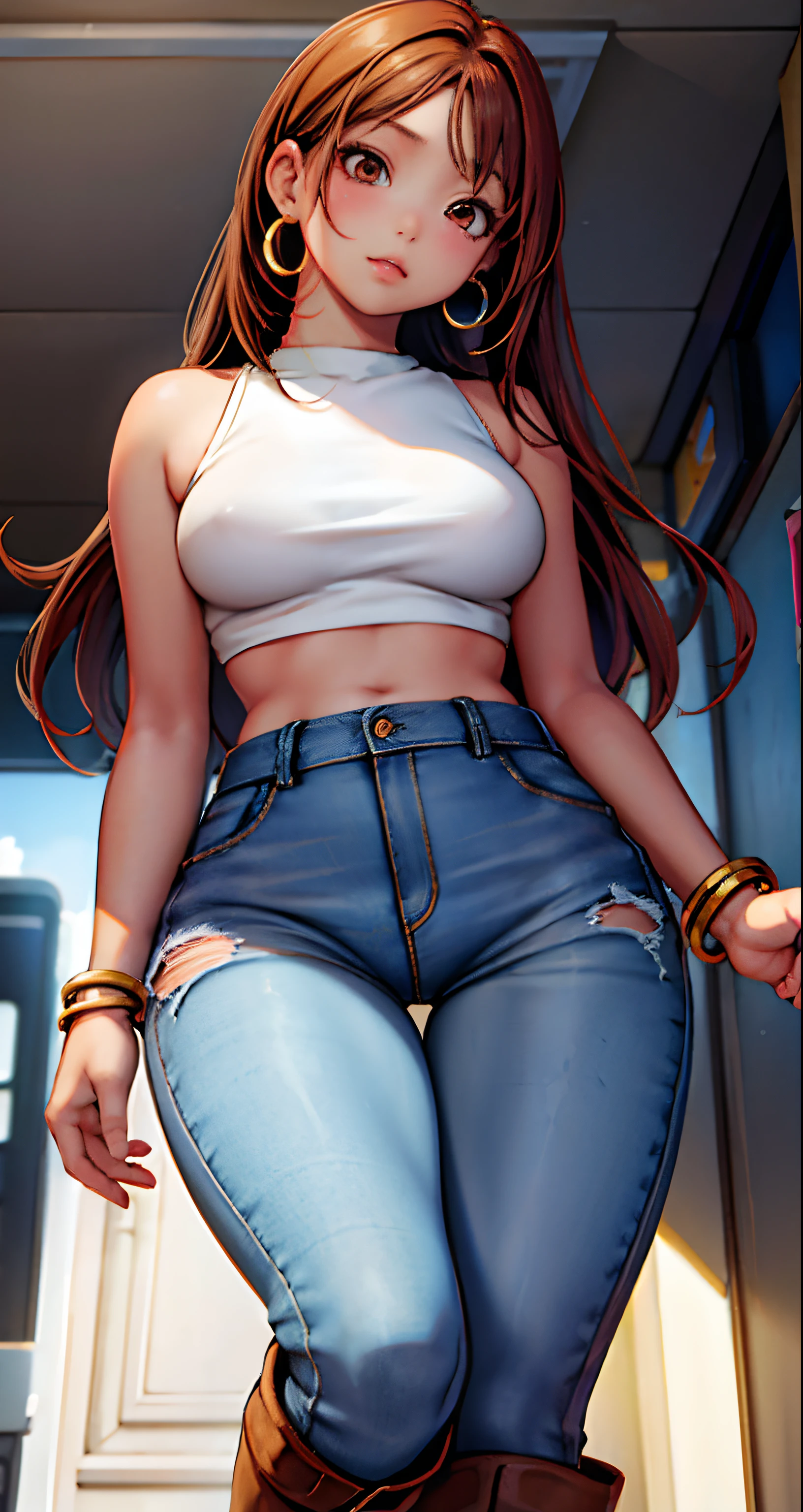 masterpiece, best quality,1girl, young girl ,brown eyes, long hair, ginger hair, shiny_skin, thick_thighs, thin_waist, huge breasts, white crop top, denim shorts, knee-high_boots, pearl_drop_earrings, chain_bracelet, pantyhose:1.3,crowd:1.1, depth of field,looking at viewer, dynamic angle