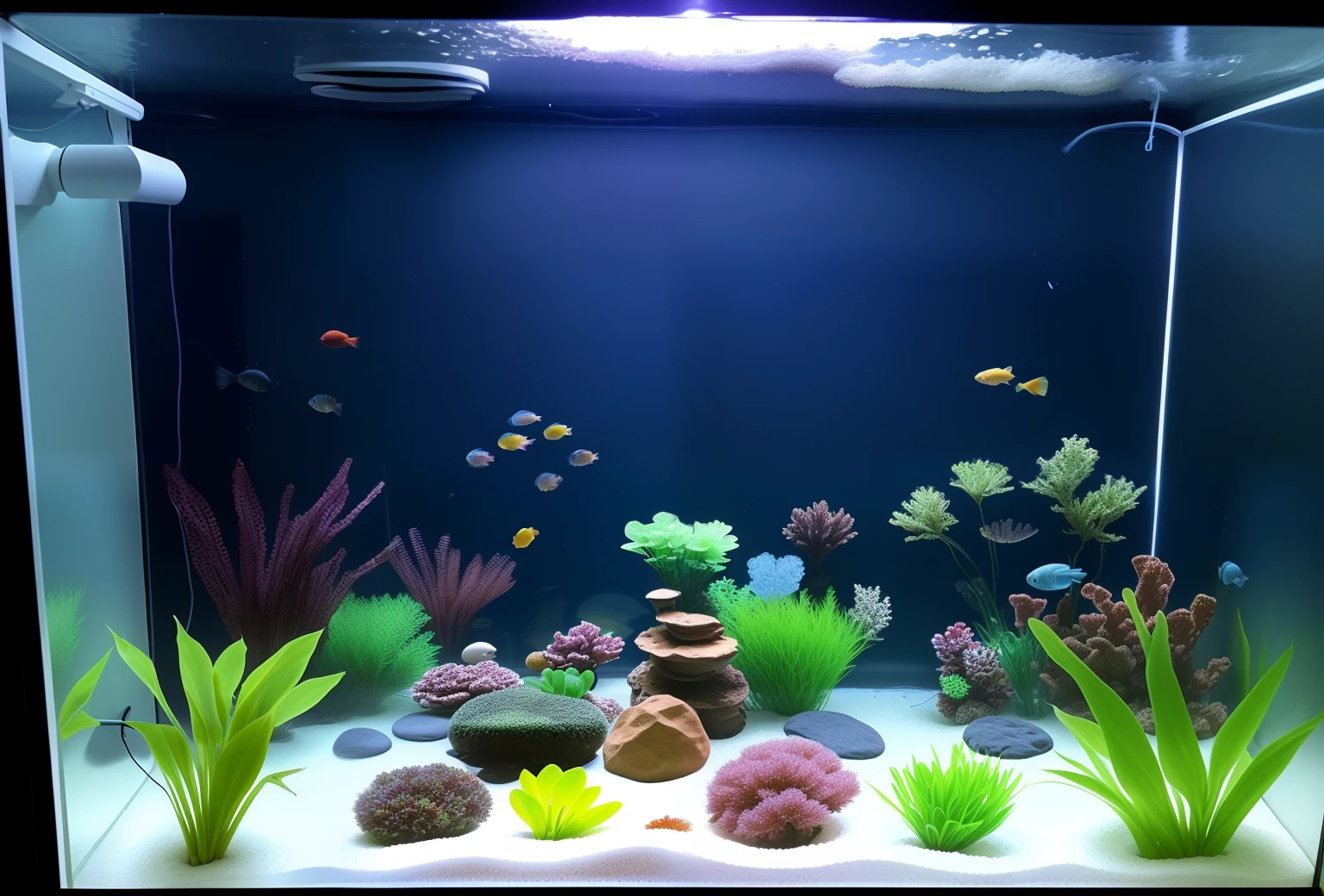 A daycare with all the lights off leaving only a fish tank to illuminate the room