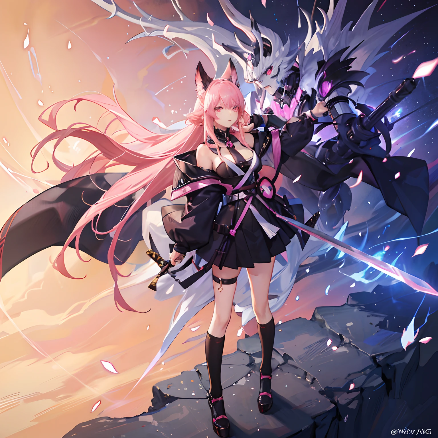 "anime girl, 1 person, pink hair, pink cat ears, pink eyes, women's shirt, tie, with takana twin swords on back, takana sword, women's black off-the-shoulder jacket, black miniskirt, big breasts , there are ice crystals flying around on his back, holding a sword, fighting, dual takana swords, smiling triumphantly, solo, frontal view, standing cross-legged .(full HD 4K+ image )"