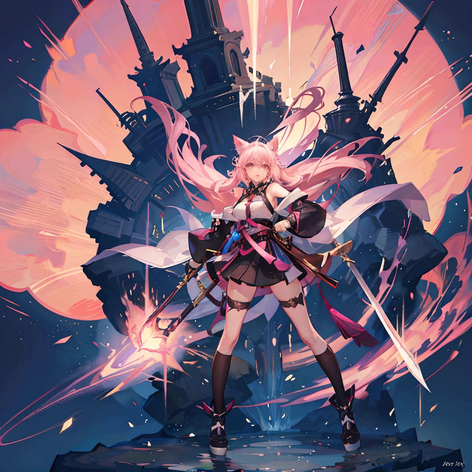 "anime girl, 1 person, pink hair, pink cat ears, pink eyes, women's shirt, tie, with takana twin swords on back, takana sword, women's black off-the-shoulder jacket, black miniskirt, big breasts  , there are ice crystals flying around on his back, holding a sword, fighting, dual takana swords, smiling triumphantly, solo, frontal view, standing cross-legged .(full HD 4K+ image )"