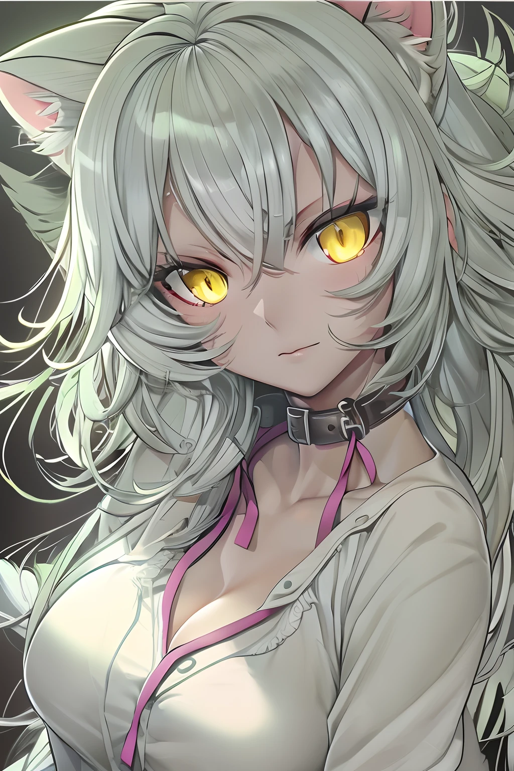 Anime White Cat Eared Woman,yellow  eyes, nightgown,White hair,2D,Naughty 1 girl,Solo,1girl in,Solo,((Beautiful detailed eyes)), (Detailed light),deadpan,Zito-order,depth of fields,Night