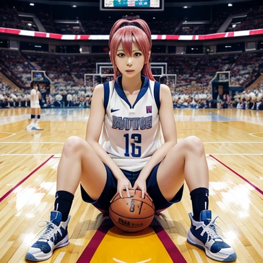 Satsuki Momoi from Kuroko's Basketball, spread legs, sitting on basketball, uplift miniskirt