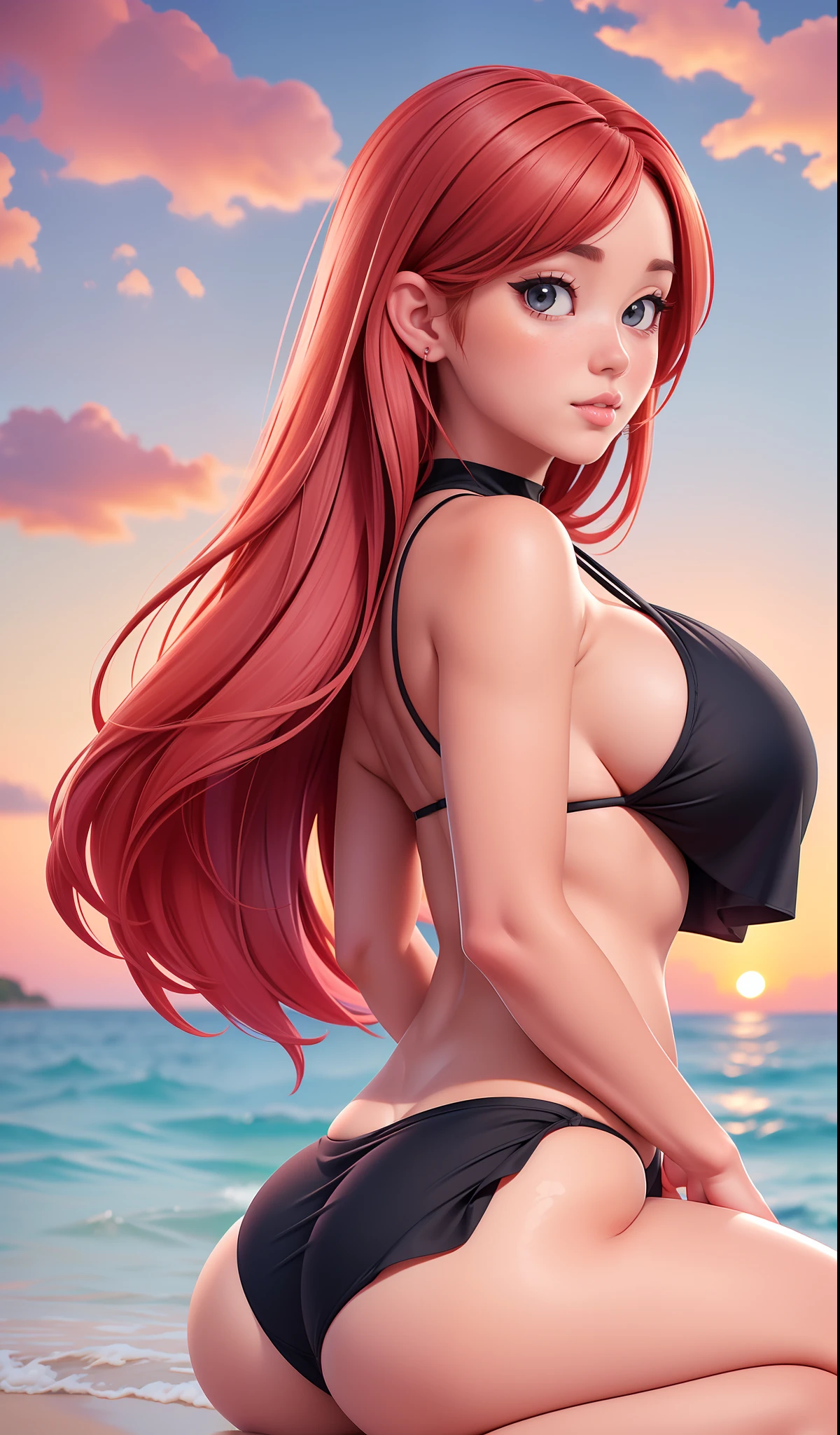 picture of a beautiful young red haired woman in a black bikini sitting on a beach, beautiful portrait, Sunrise, pink sky, blue sea, marin kitagawa fanart, seductive girl, thicc, she has a jiggly fat butt, large heavy breasts, cutesexyrobutts, beautiful alluring woman, (Masterpiece, Top Quality, 8k, dynamic)