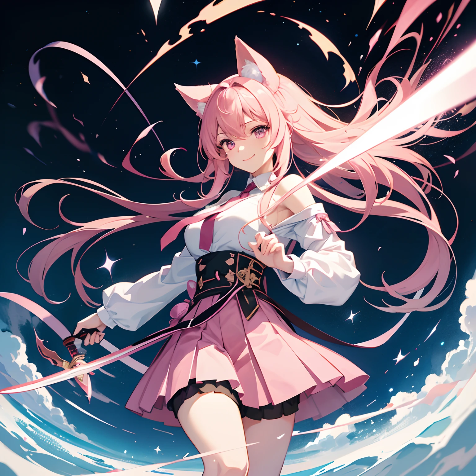 "anime girl, 1 person, pink hair, pink cat ears, pink eyes, women's shirt, tie, with takana twin swords on back, takana sword, women's black off-the-shoulder jacket, black miniskirt, big breasts  , there are ice crystals flying around on his back, holding a sword, fighting, dual takana swords, smiling triumphantly, solo, frontal view, standing cross-legged .(full HD 4K+ image )"