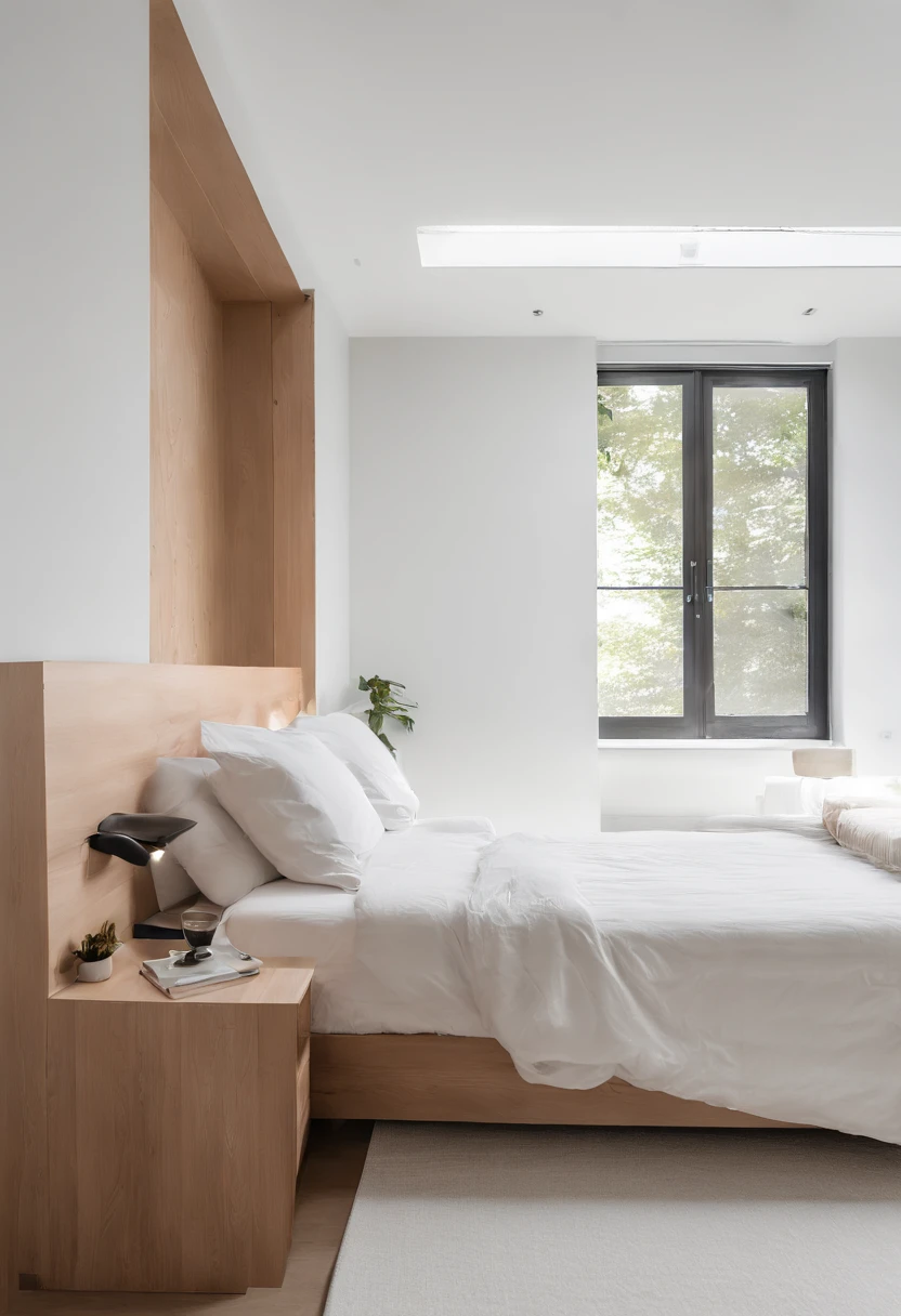 Cosy bedroom,White and wood,Foxconn camera shot,with desk,Soft light at night