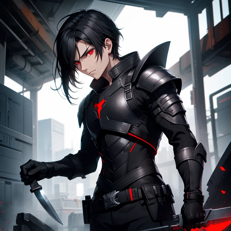 strength，Knife in hand，Solo Male, Black hair, Red eyes, Black armor, Black gloves, Science fiction, Slim