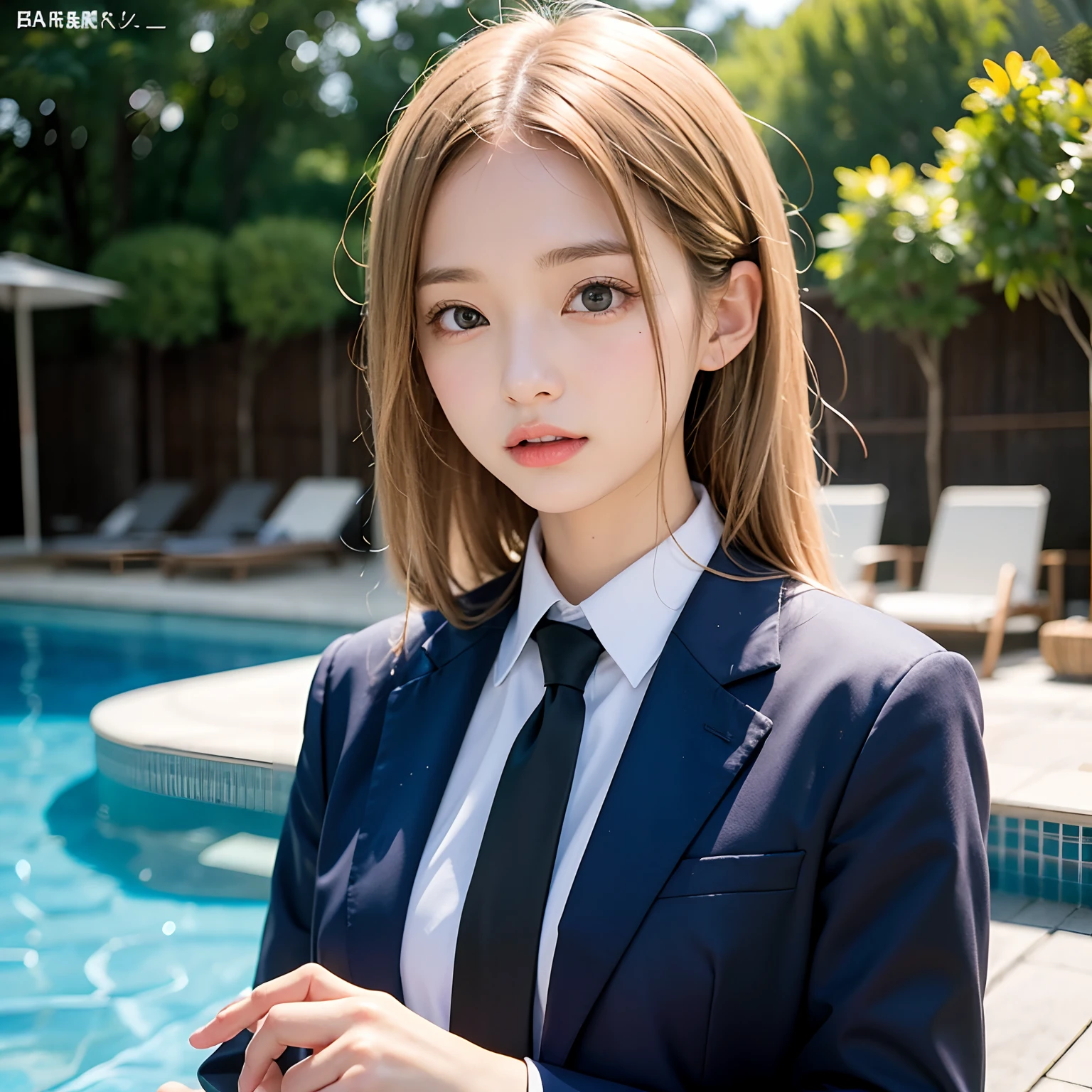 (masutepiece, Best Quality:1.2), 8K, Official art, Full body photo, full body Esbian、Fasten your tie、in poolside、turned around、Suits、Embarrassing black hair、14years、small tits、Happy、unbelievable Ridiculous, (Upper body, Dark blue suit:1.4), Beautiful Girl, Pretty Face, arching back down, cute panty、Gold hair ornament on hair、Wearing a cute suit、close up, Wearing a suit, Short sleeve, gardenia, violaceaess, Teen, in poolside, Looking at Viewer, Film grain, chromatic abberation, Sharp Focus, face lights, Dynamic lighting, Cinematic lighting, Eyes and faces with detailed, Bokeh background, (Tie with Emma written on it、1 copy:1.2)