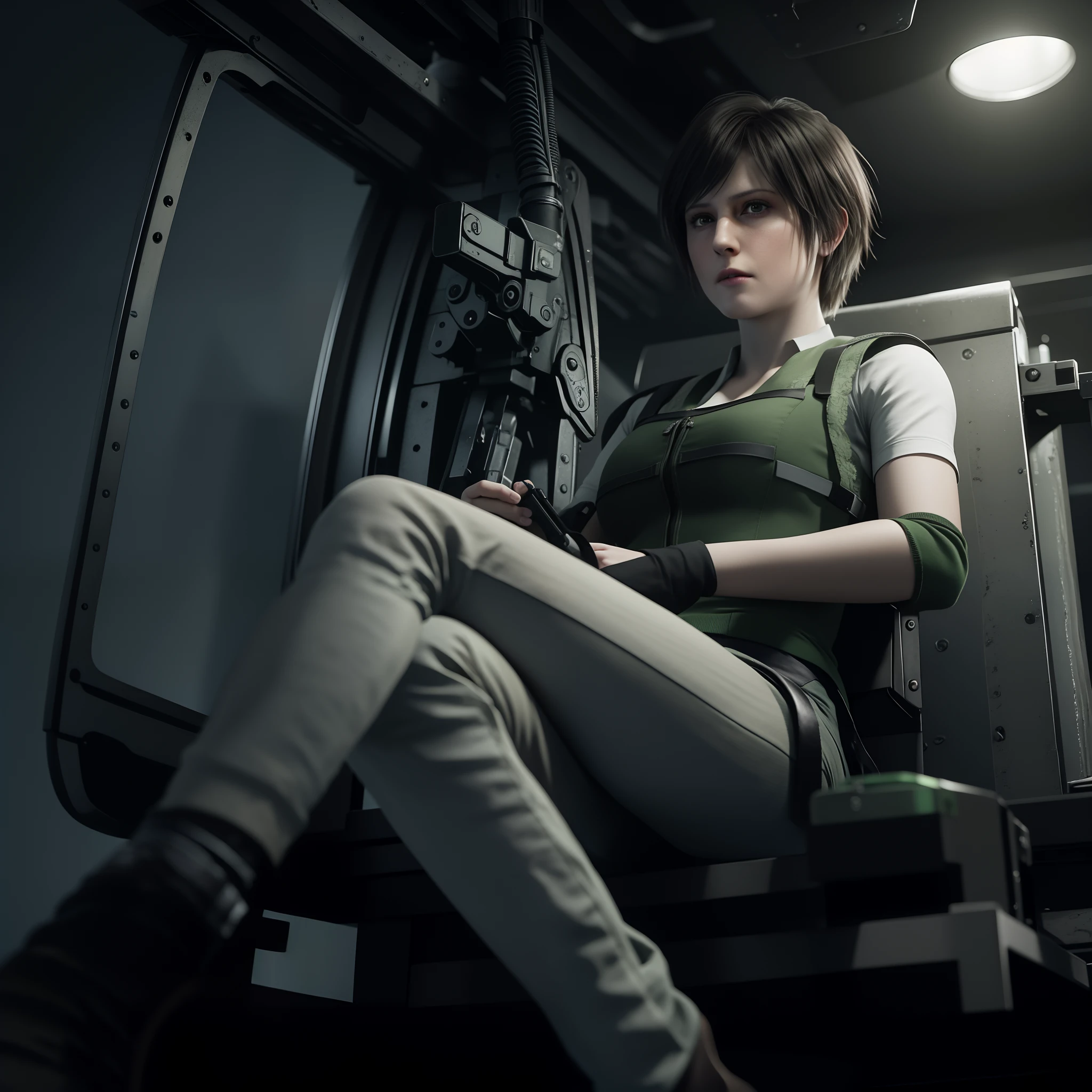 4K, HD, ( Rebecca Chambers 40 years old)), beautiful face, glare, bob hair, perfect Face, black jeans, green vest, black nail polish