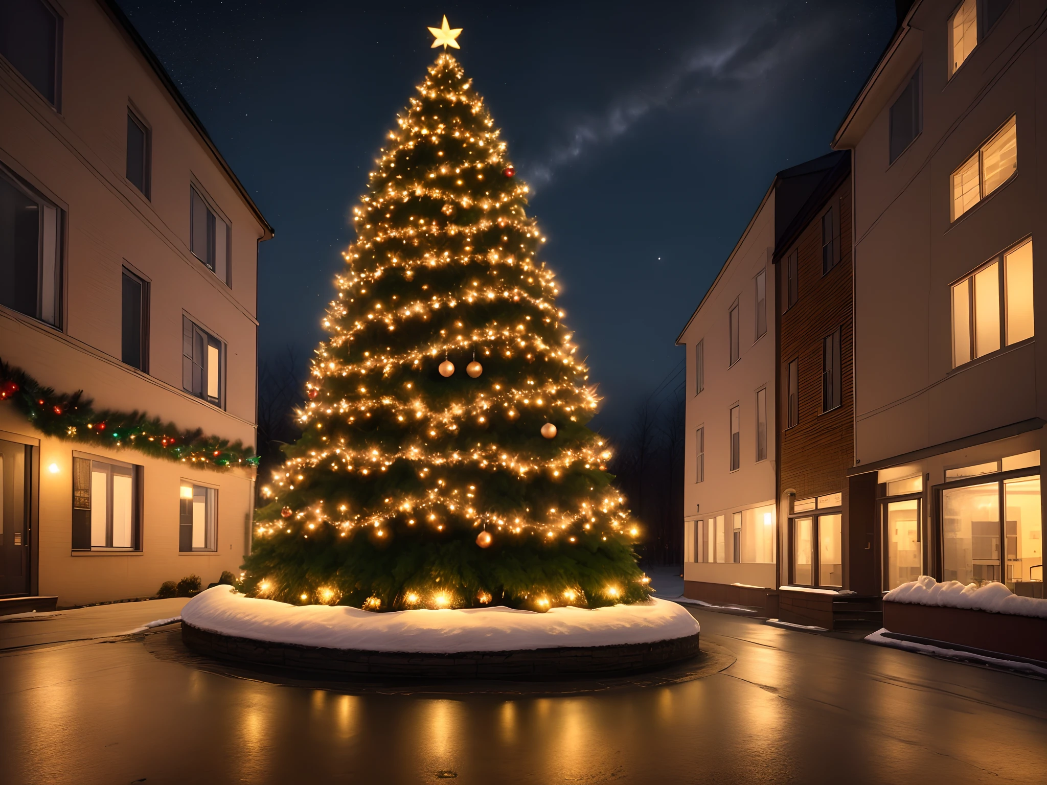 Scenery with Christmas tree on an empty midwinter night