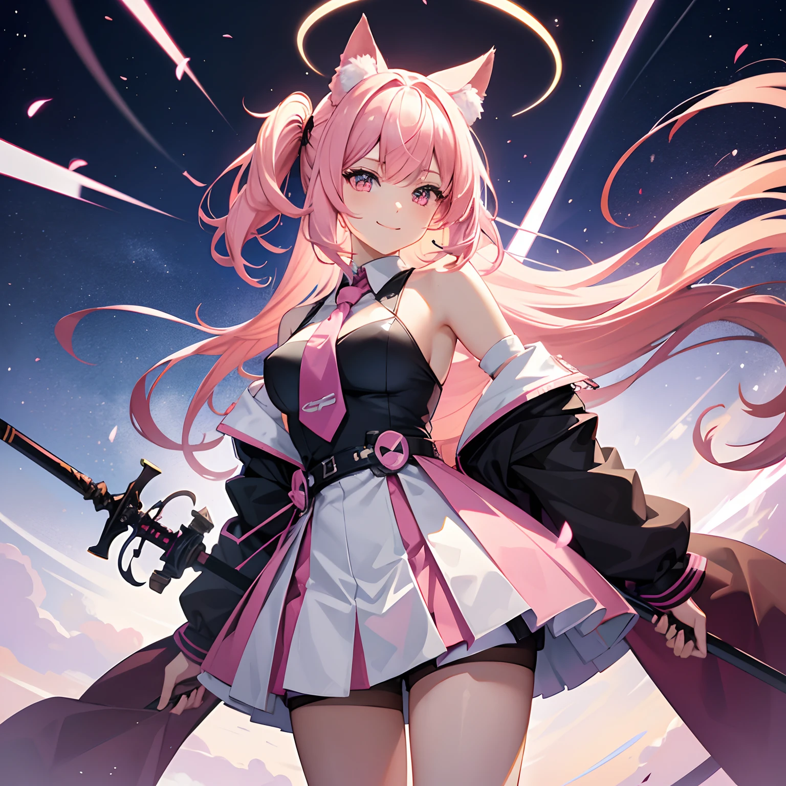 "anime girl, 1 person, pink hair, pink cat ears, pink eyes, women's shirt, tie, with takana twin swords on back, takana sword, women's black off-the-shoulder jacket, black miniskirt, big breasts , there are ice crystals flying around on his back, holding a sword, fighting, dual takana swords, smiling triumphantly, solo, frontal view, standing cross-legged .(full HD 4K+ image )"