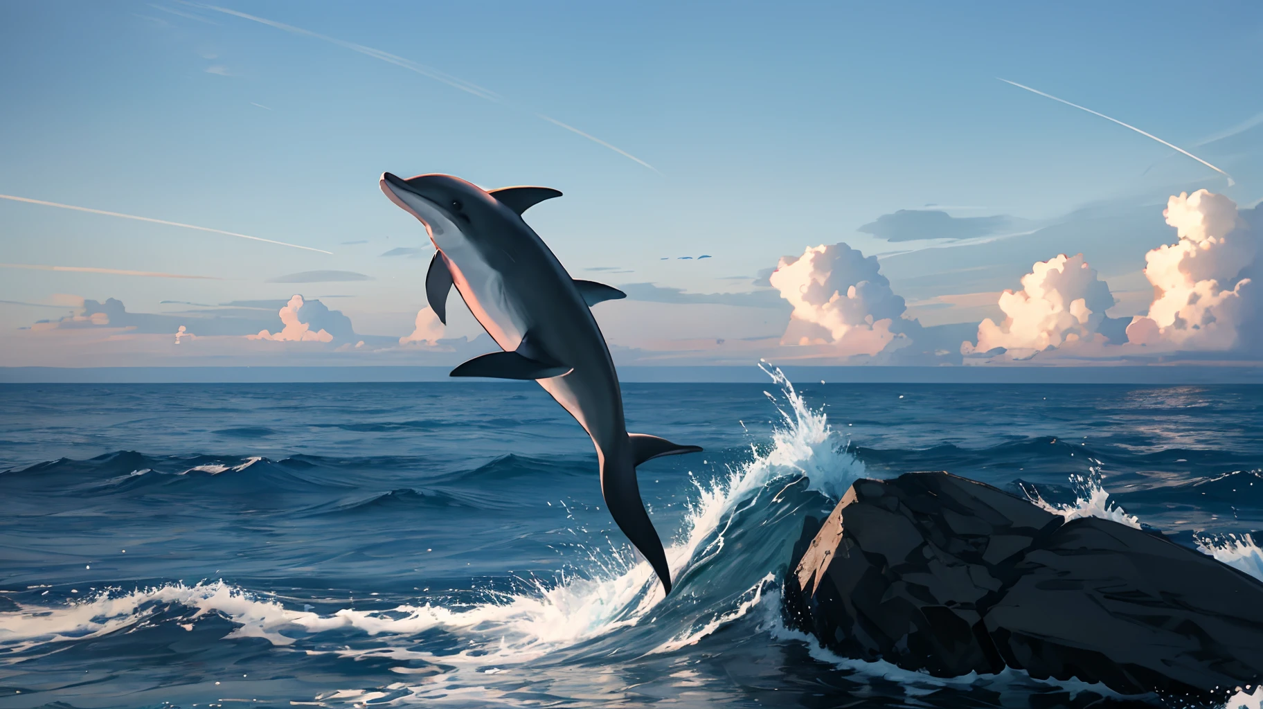 Extremely beautiful image of the ocean with a dolphin jumping out of the water in HD in the background of the ocean.
