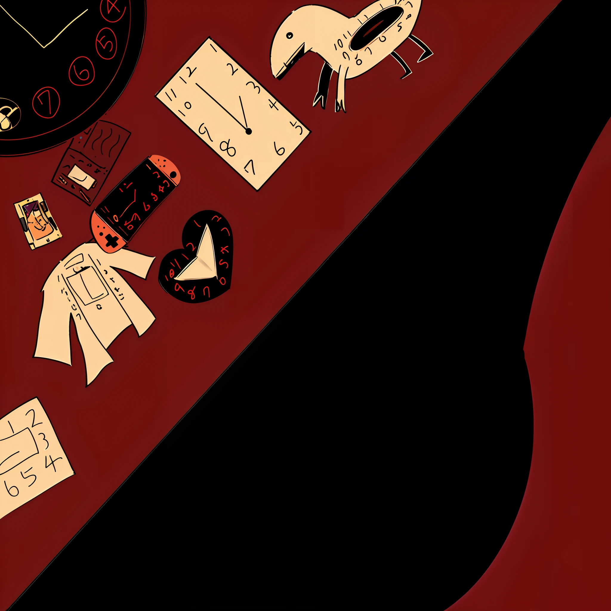 There are a variety of items on the table, The background is a dark museum, miscellaneous objects, based on child's drawing, background-image, Card game illustration, Broken toys are scattered, Screenshot, various items, [ Overhead view of the table ]!!, alchemical objects on the side, Variety of backgrounds, scattered props, Super detail for each object