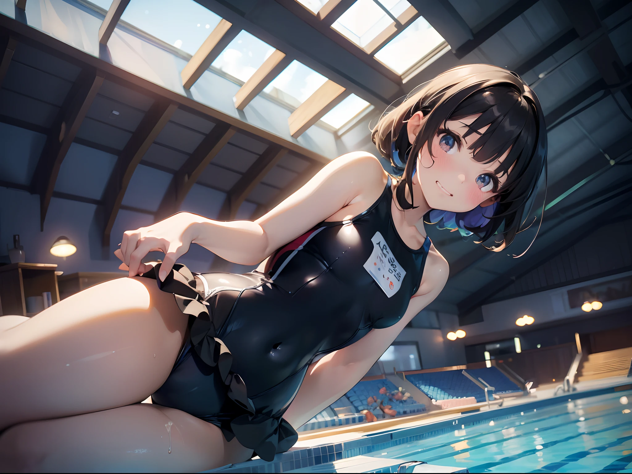 (best picture quality, 4K, high quality, masterpiece::1.2), ((masterpiece)), high detail, high quality, best picture quality, high quality, cute, early 12years old girl in a competition swimsuit with pantyhose at poolside in the indoor pool, full body, , short height, medium breasts, bokeh, DOF, Portrait, evil grin, open stance, (cute illustration:1.2), high-resolution, ultra-detailed, best-quality, bare-shoulder, showing armpits, embarrassed,